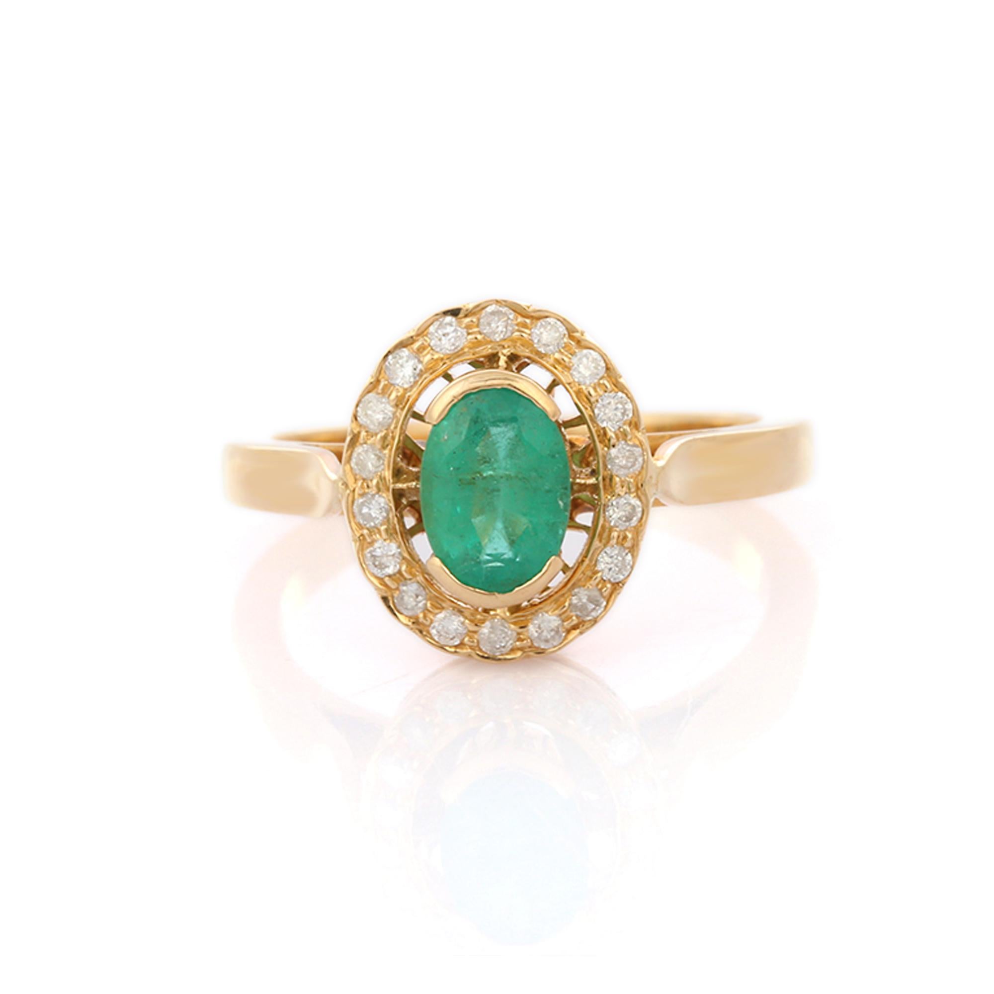 For Sale:  Contemporary Half Bezel Set Emerald and Halo Diamond Ring in 18K Yellow Gold 5