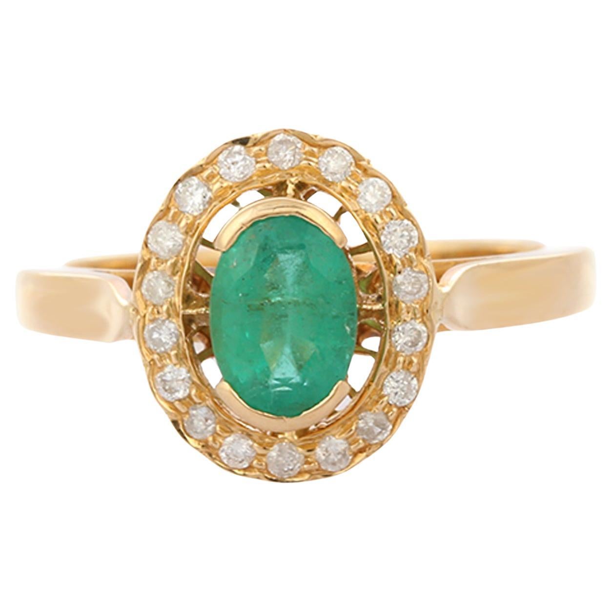 Contemporary Half Bezel Set Emerald and Halo Diamond Ring in 18K Yellow Gold