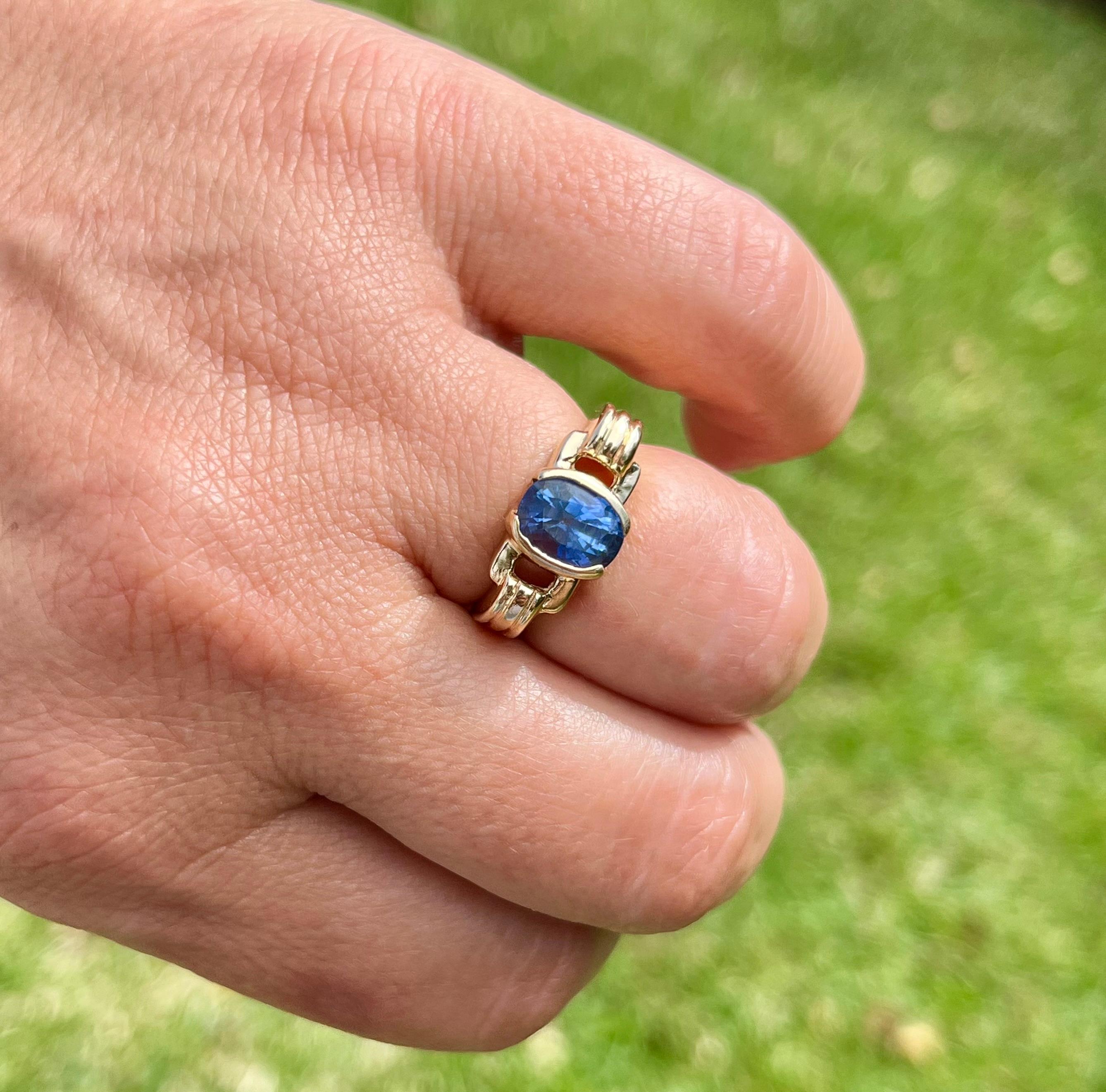 Art Deco Half Bezel Set 2 Carat Oval Blue Sapphire Vintage Ring in 14k Gold For Sale