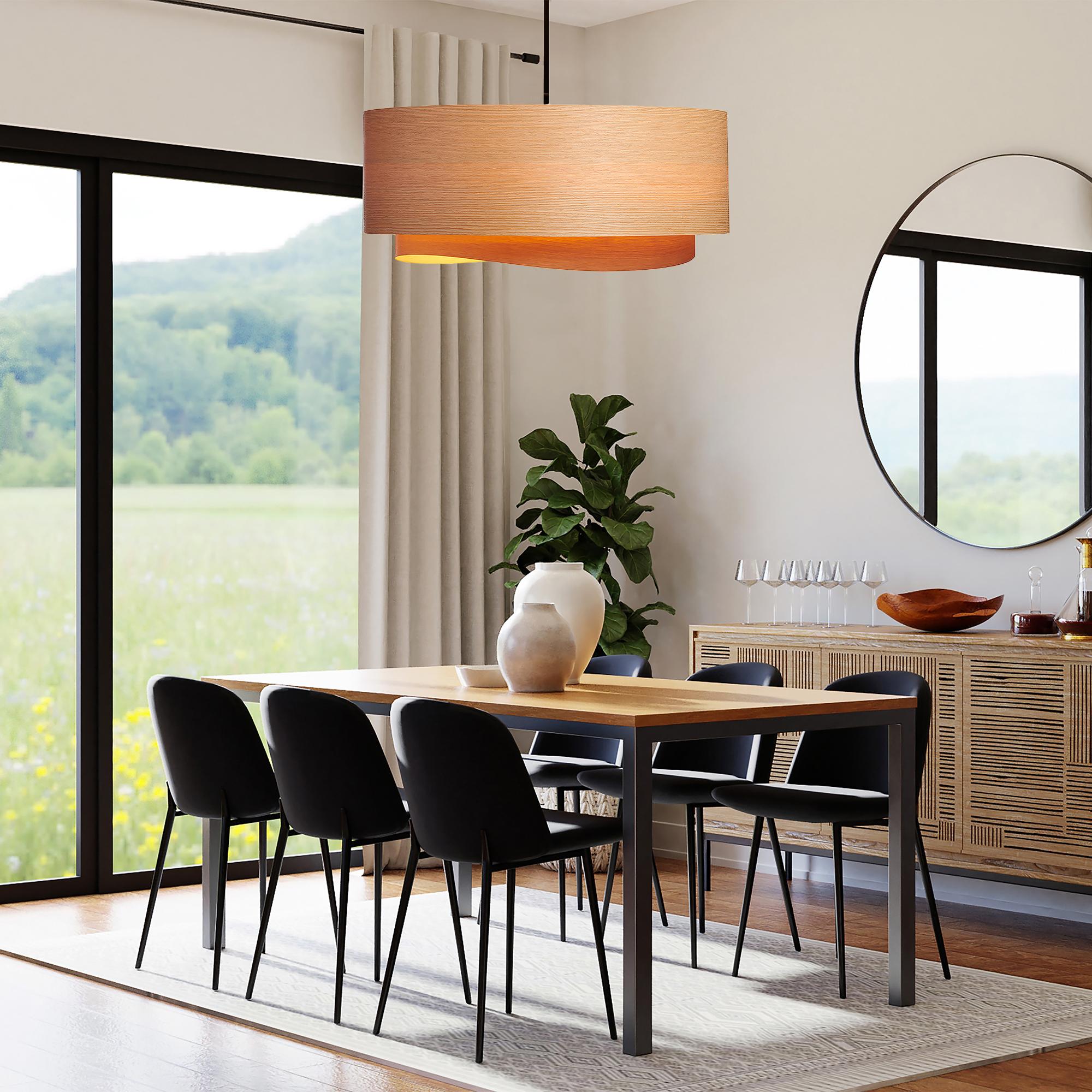 The Half BOWEN pendant light is a stunning, contemporary Mid-Century Modern light fixture with a Scandinavian composition and natural wood veneer construction. This minimalist luxury chandelier pendant design is the perfect way to add a touch of