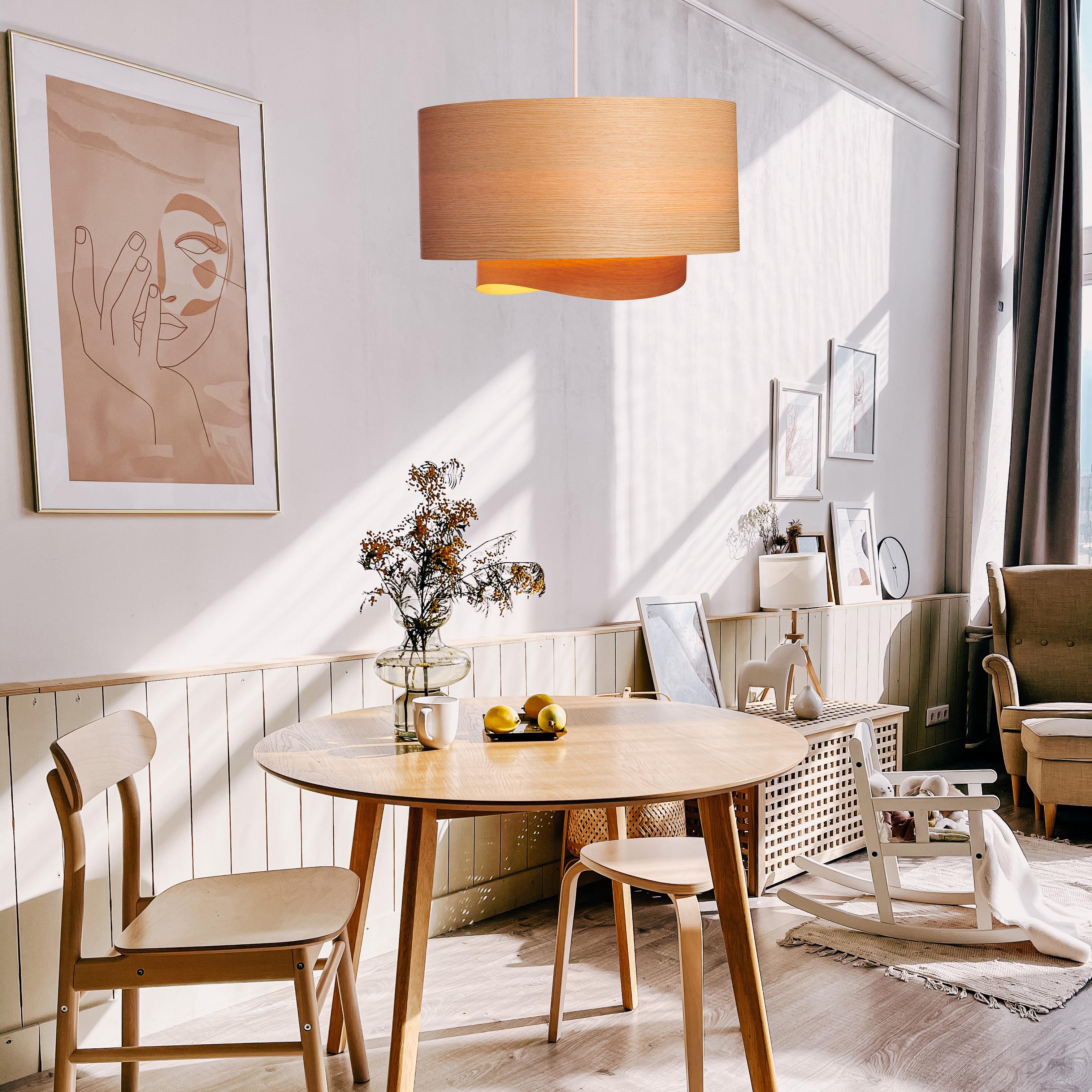 The Half BOWEN pendant light is a stunning, contemporary Mid-Century Modern light fixture with a Scandinavian composition and natural wood veneer construction. This minimalist luxury chandelier pendant design is the perfect way to add a touch of