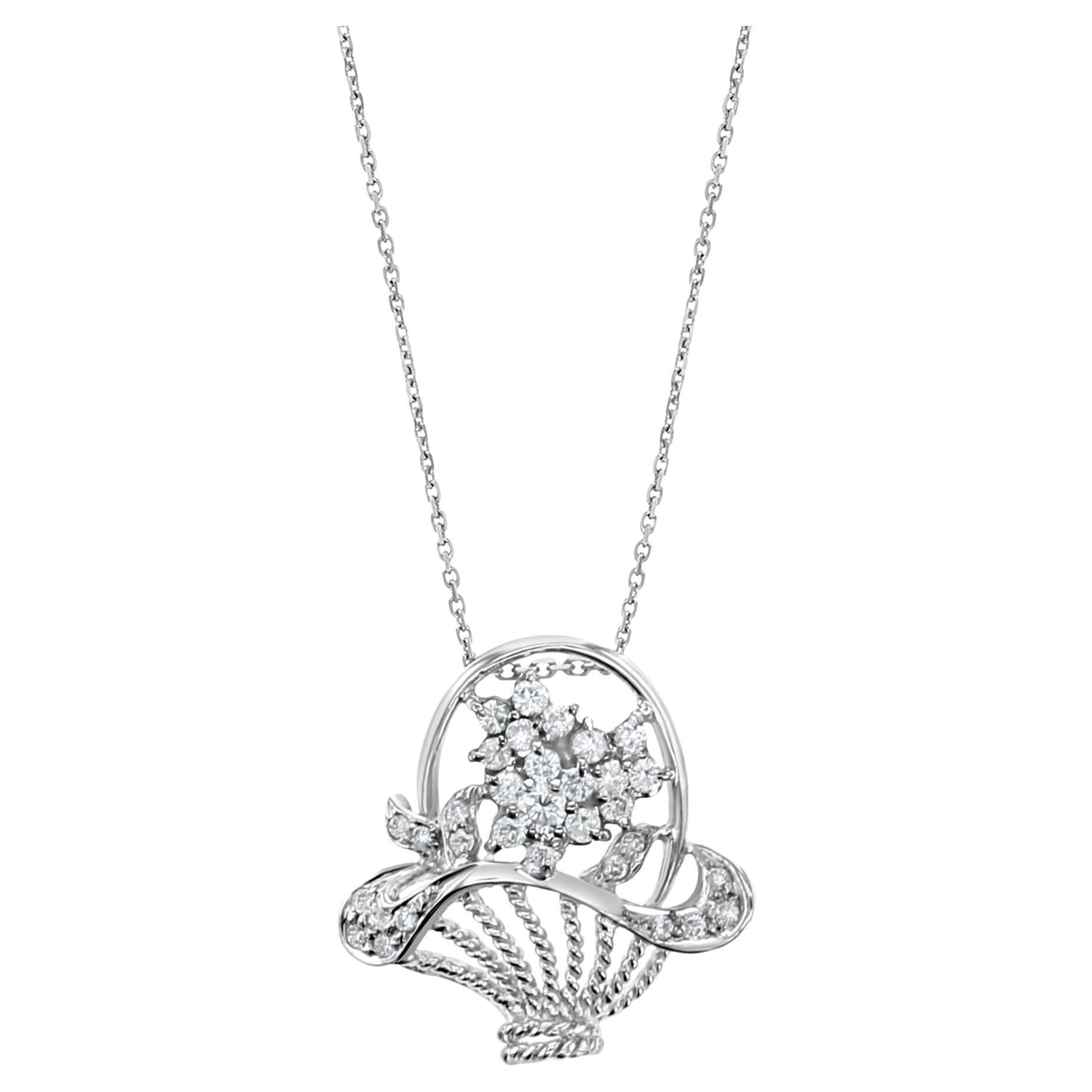 Half Carat Diamond Basket of Flowers Necklace.50cttw 18k White Gold For Sale