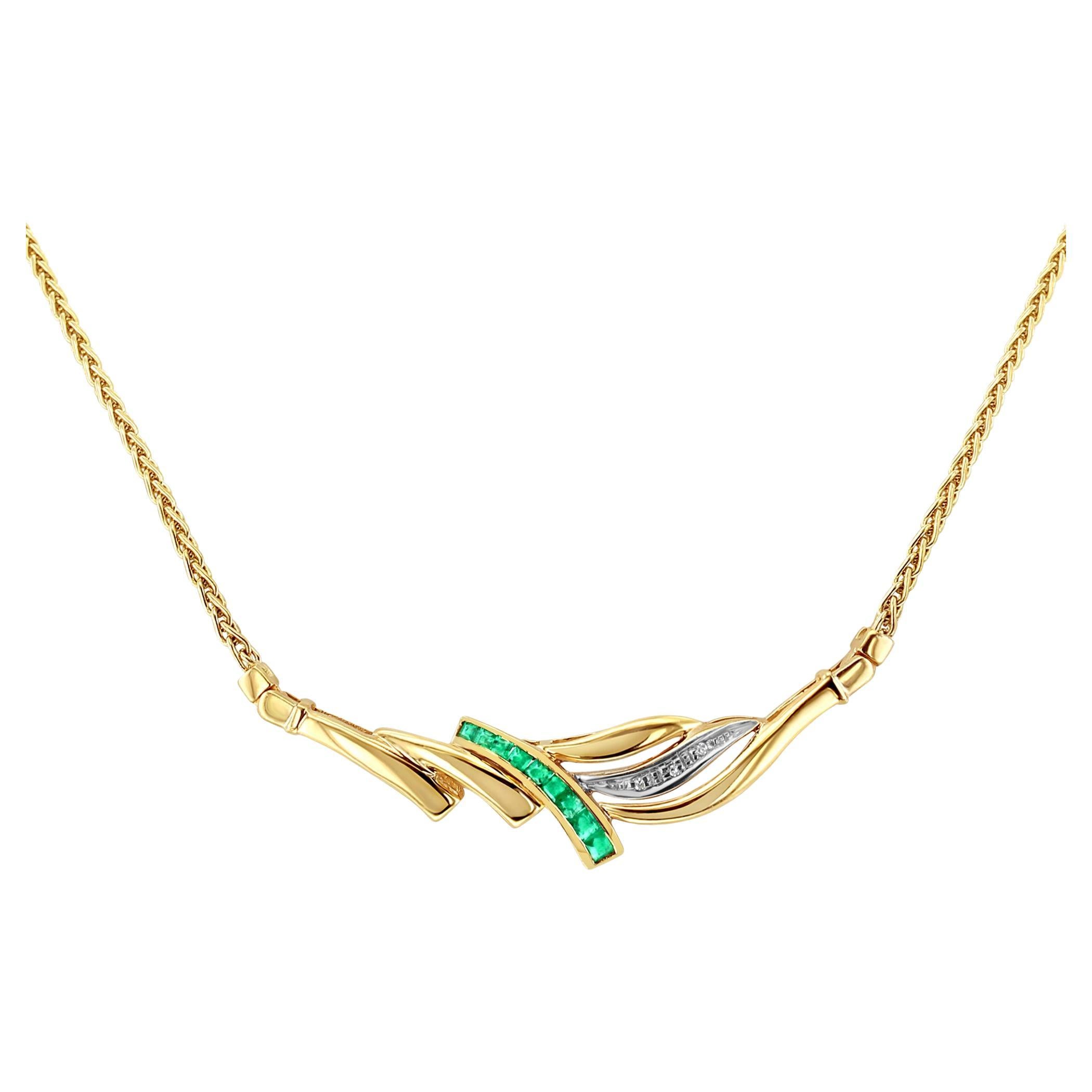 Half Carat Emerald & Diamond Necklace with Wheat Chain 14k Yellow Gold For Sale