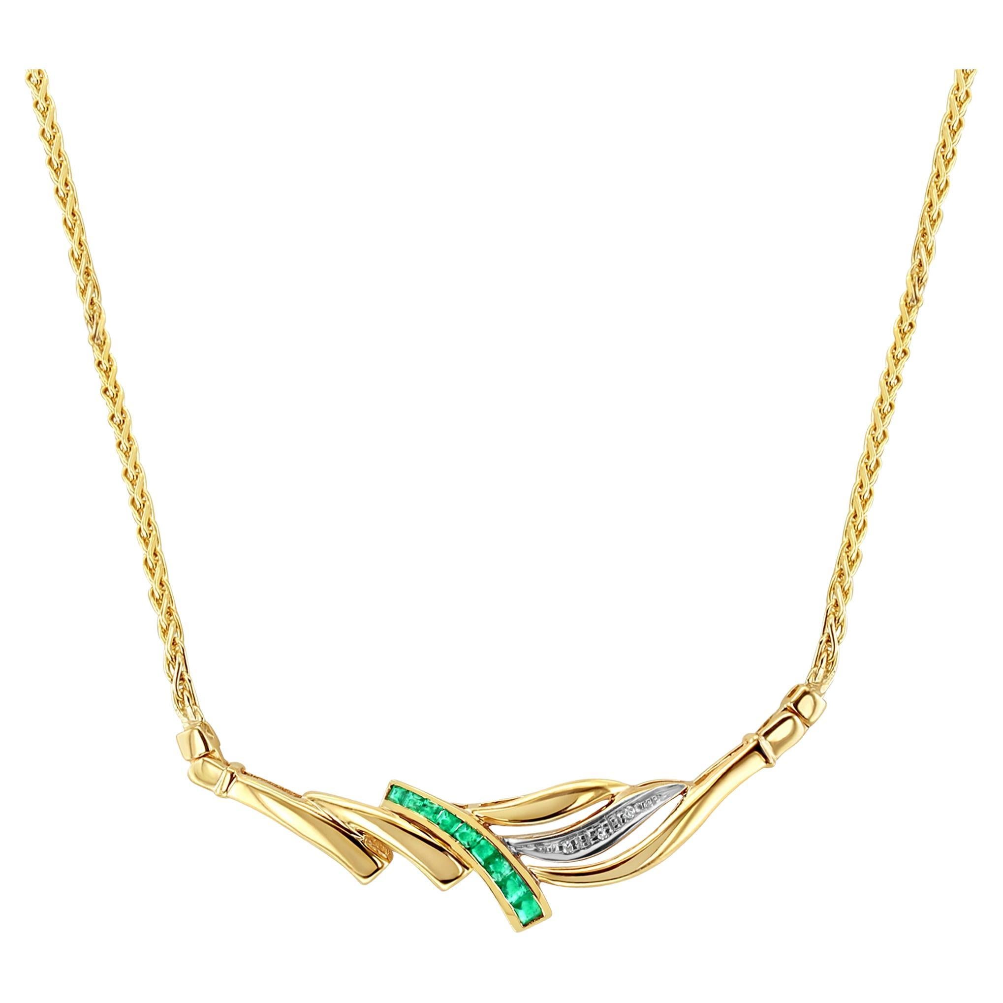 Half Carat Emerald & Diamond Necklace with Wheat Chain 14k Yellow Gold