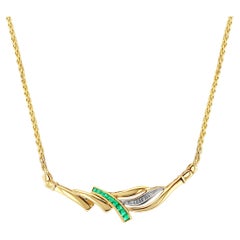 Half Carat Emerald & Diamond Necklace with Wheat Chain 14k Yellow Gold