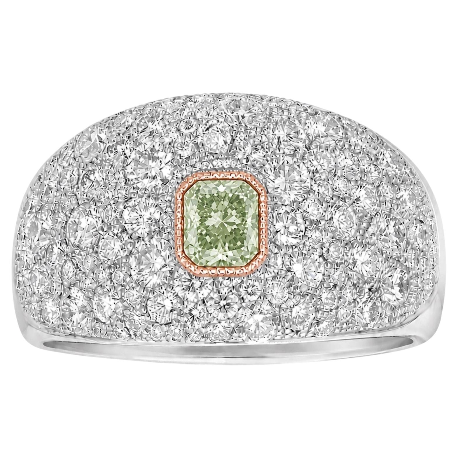 Fancy Green GIA Certified Elongated Radiant Diamond Ring For Sale