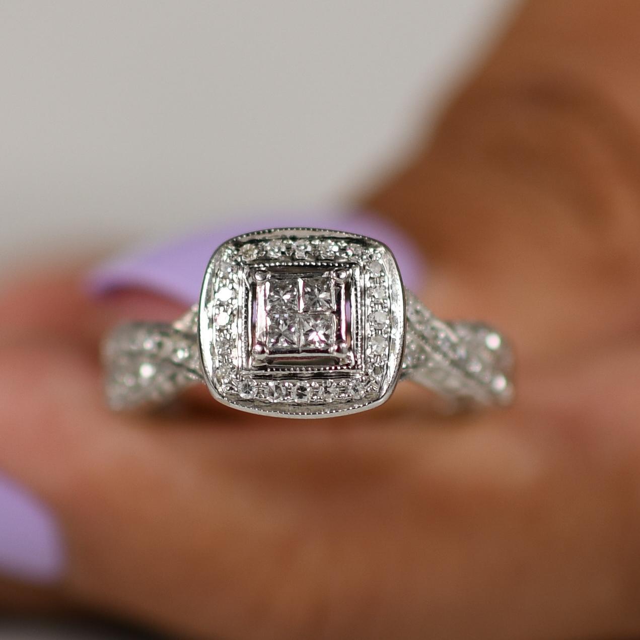 Princess Cut Half Carat Natural Diamond Illusion Style Engagement Ring in 10K White Gold