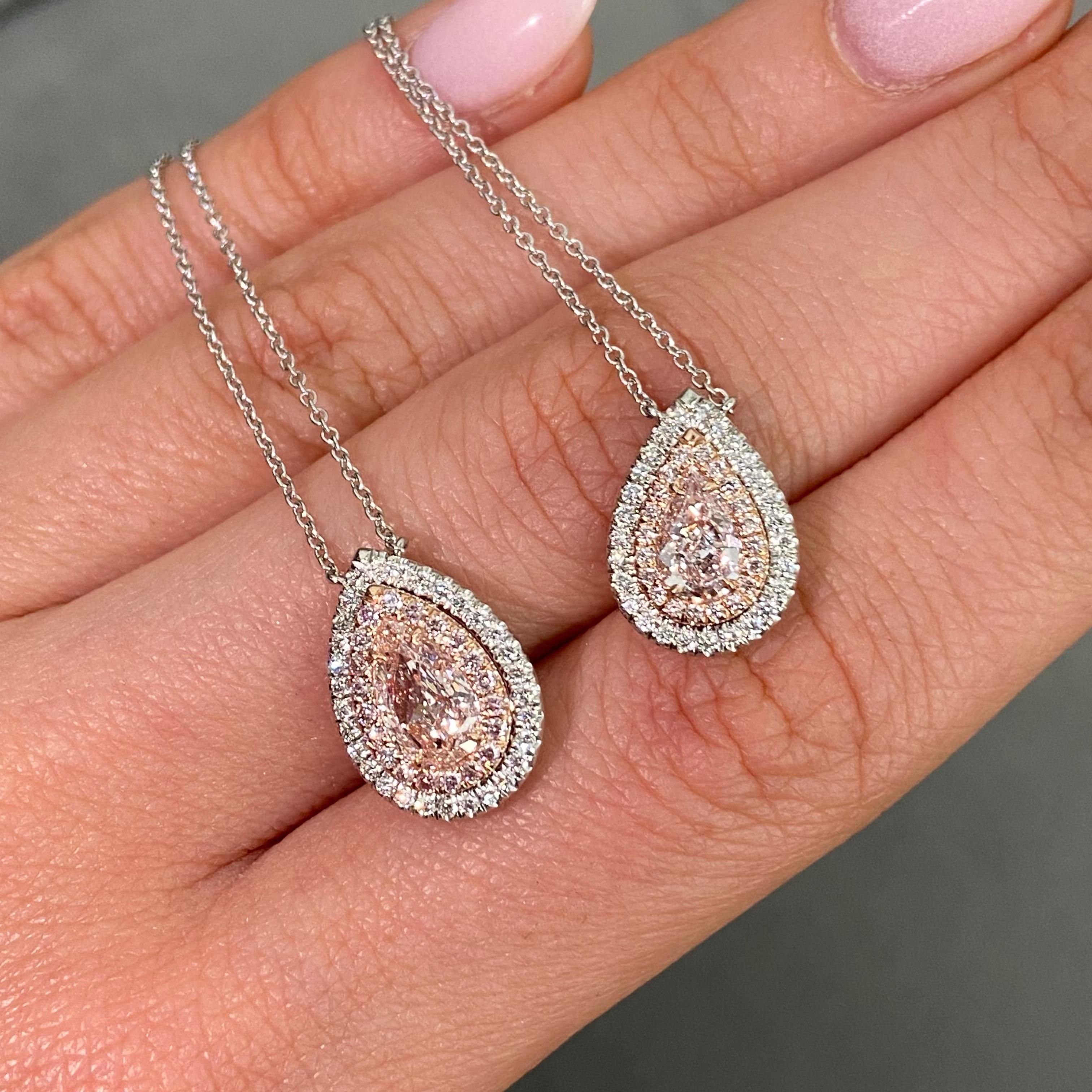 Rare Colors Half Carat Pink Pear Diamond Double Halo Pendant In New Condition For Sale In New York, NY