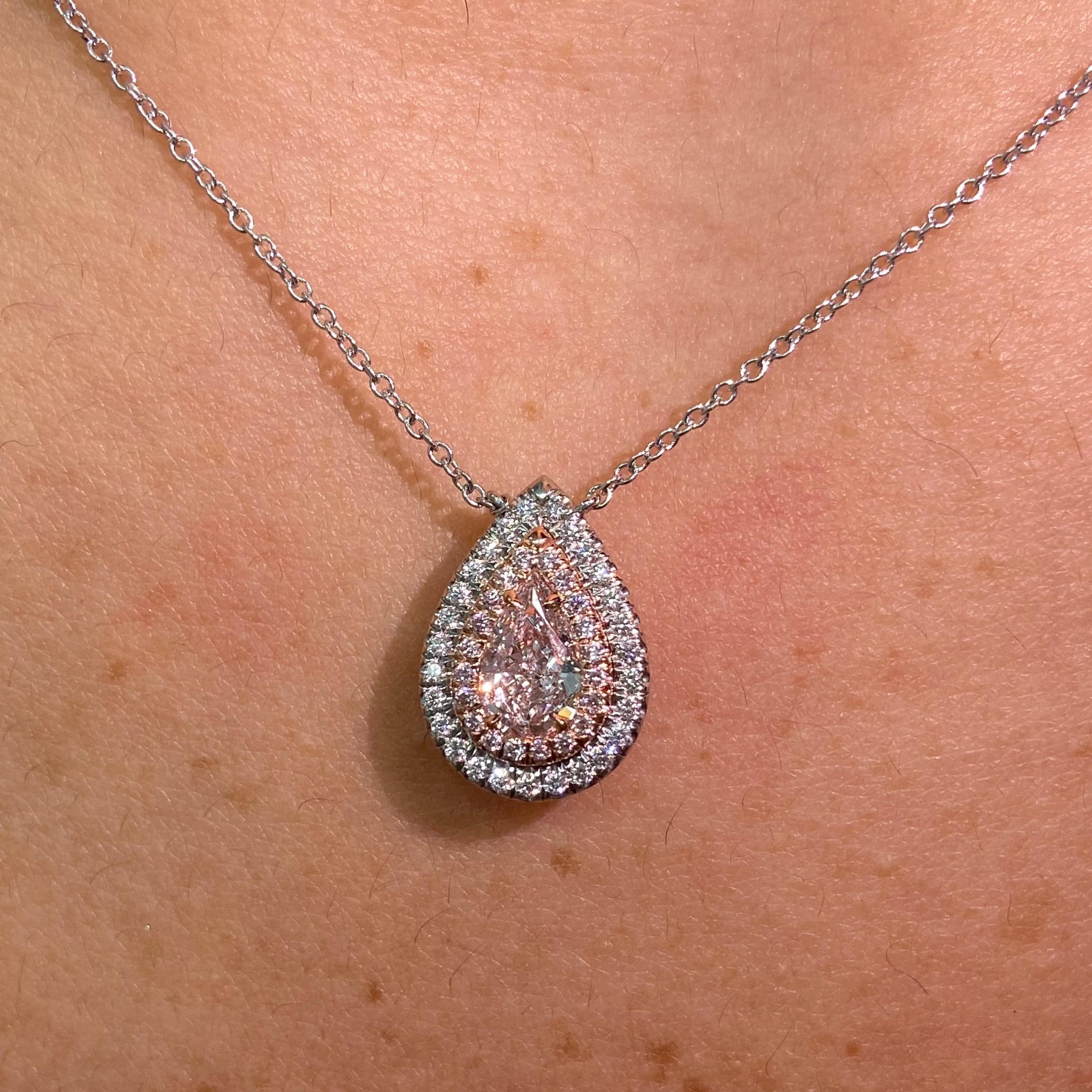 Rare Colors Half Carat Pink Pear Diamond Double Halo Pendant For Sale 1