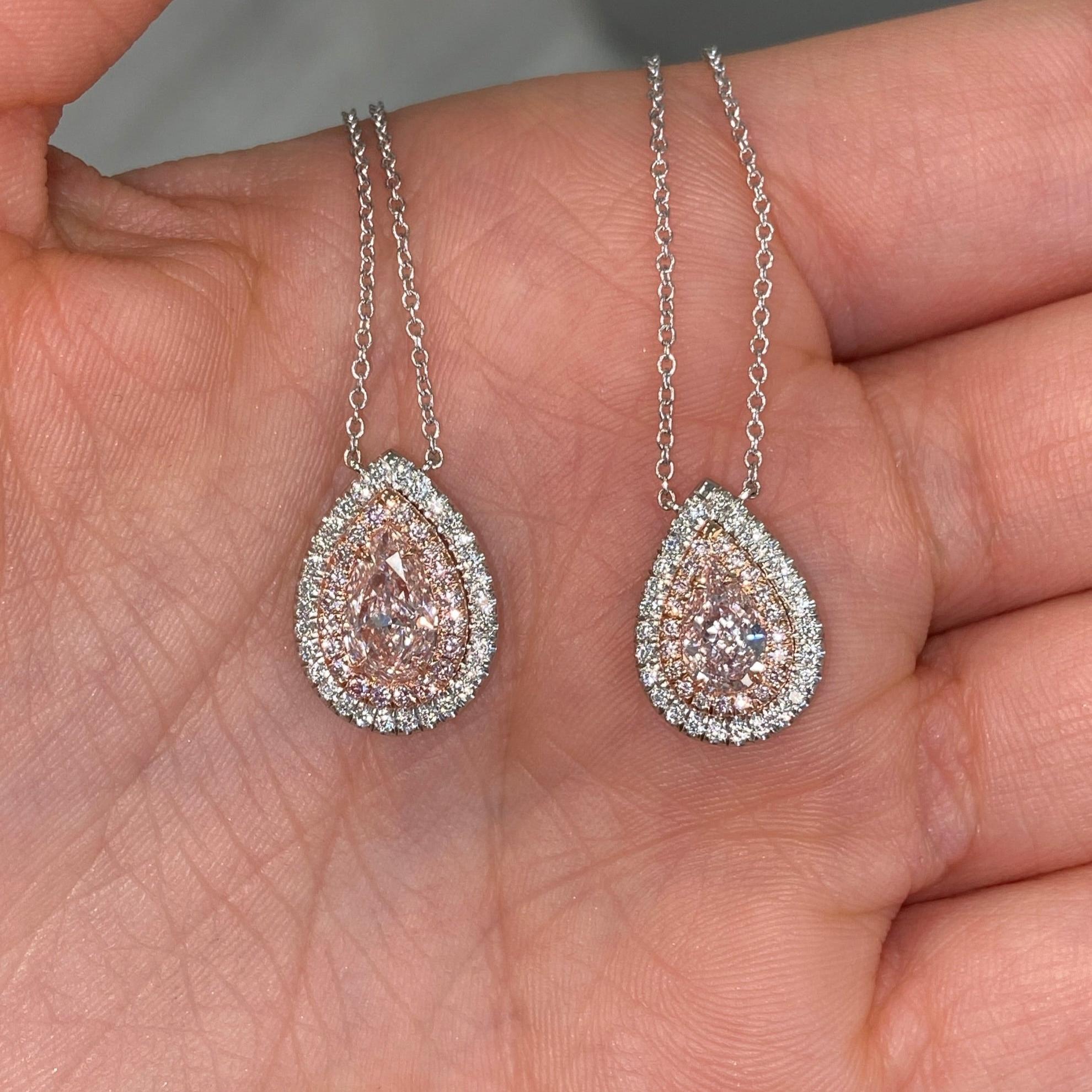 Rare Colors Half Carat Pink Pear Diamond Double Halo Pendant For Sale 4