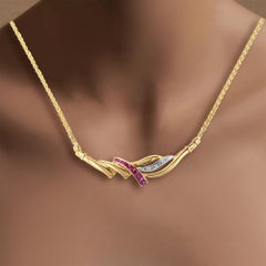 Half Carat Ruby & Diamond Necklace with Wheat Chain 14k Yellow Gold