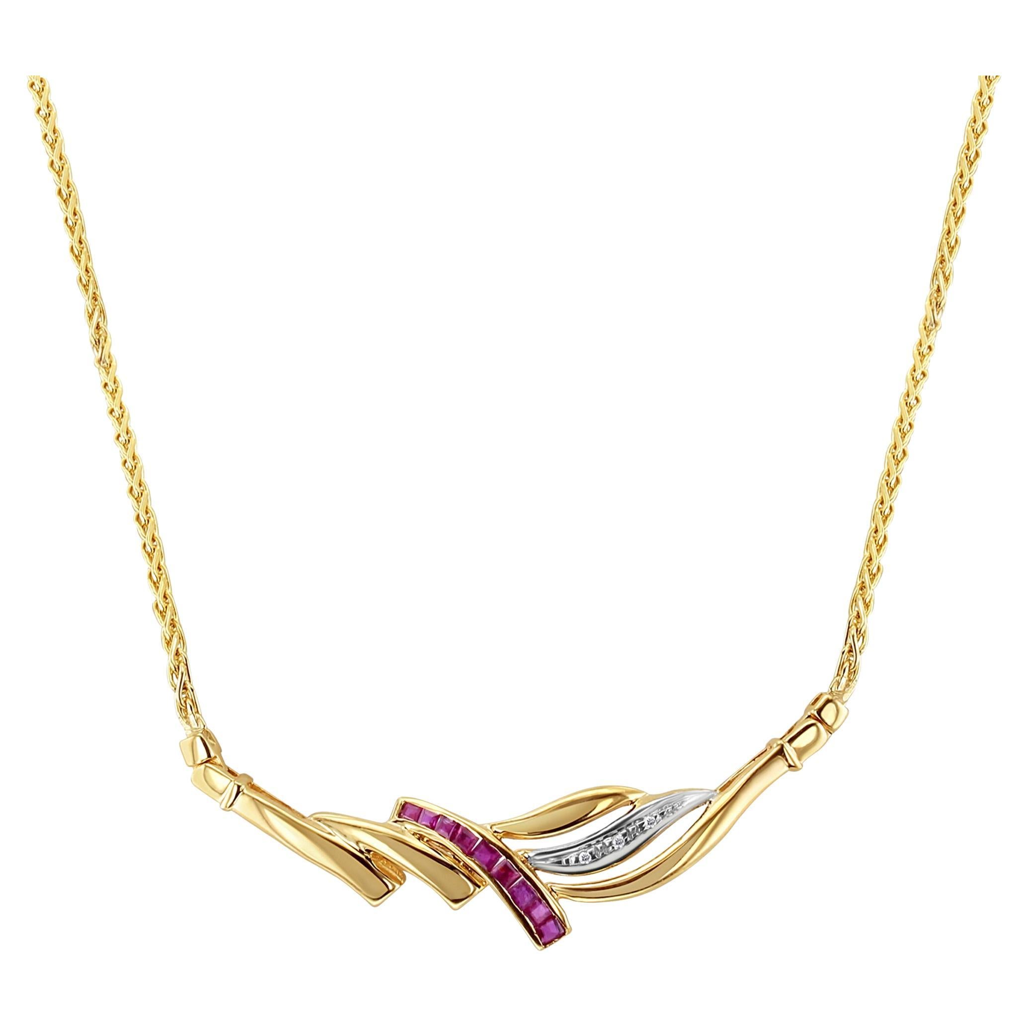 Half Carat Ruby & Diamond Necklace with Wheat Chain 14k Yellow Gold