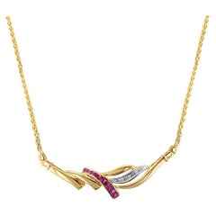 Half Carat Ruby & Diamond Necklace with Wheat Chain 14k Yellow Gold