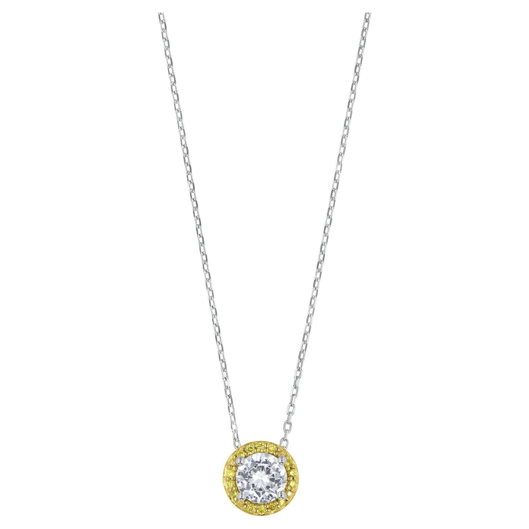 Half Carat Sized White Sapphire and Yellow Diamond Halo Pendant