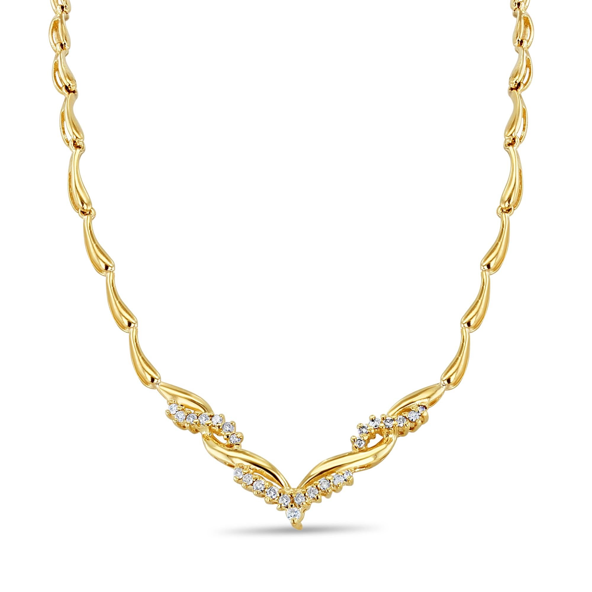 Round Cut Half Carat 'V' Shaped Diamond Twisted Gold Necklace 14k Yellow Gold For Sale