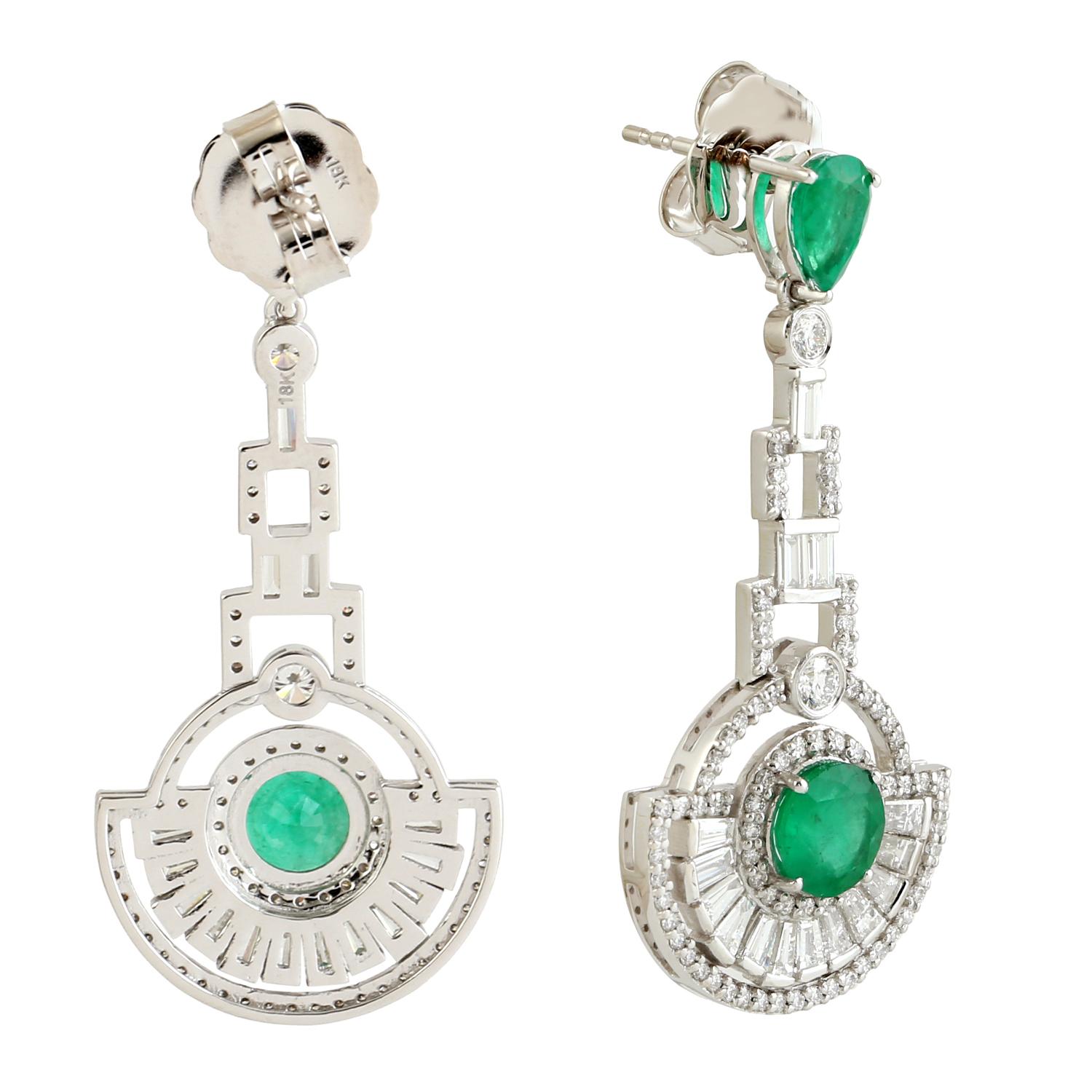 Art Deco Half Circle Dangle Earrings With Emerald & Diamonds Made In 18k White Gold For Sale
