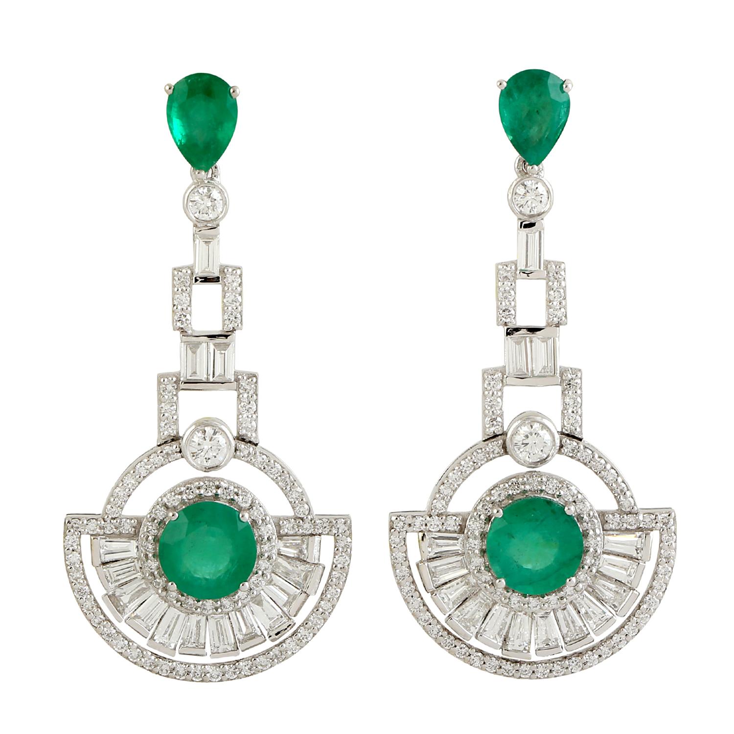 Mixed Cut Half Circle Dangle Earrings With Emerald & Diamonds Made In 18k White Gold For Sale