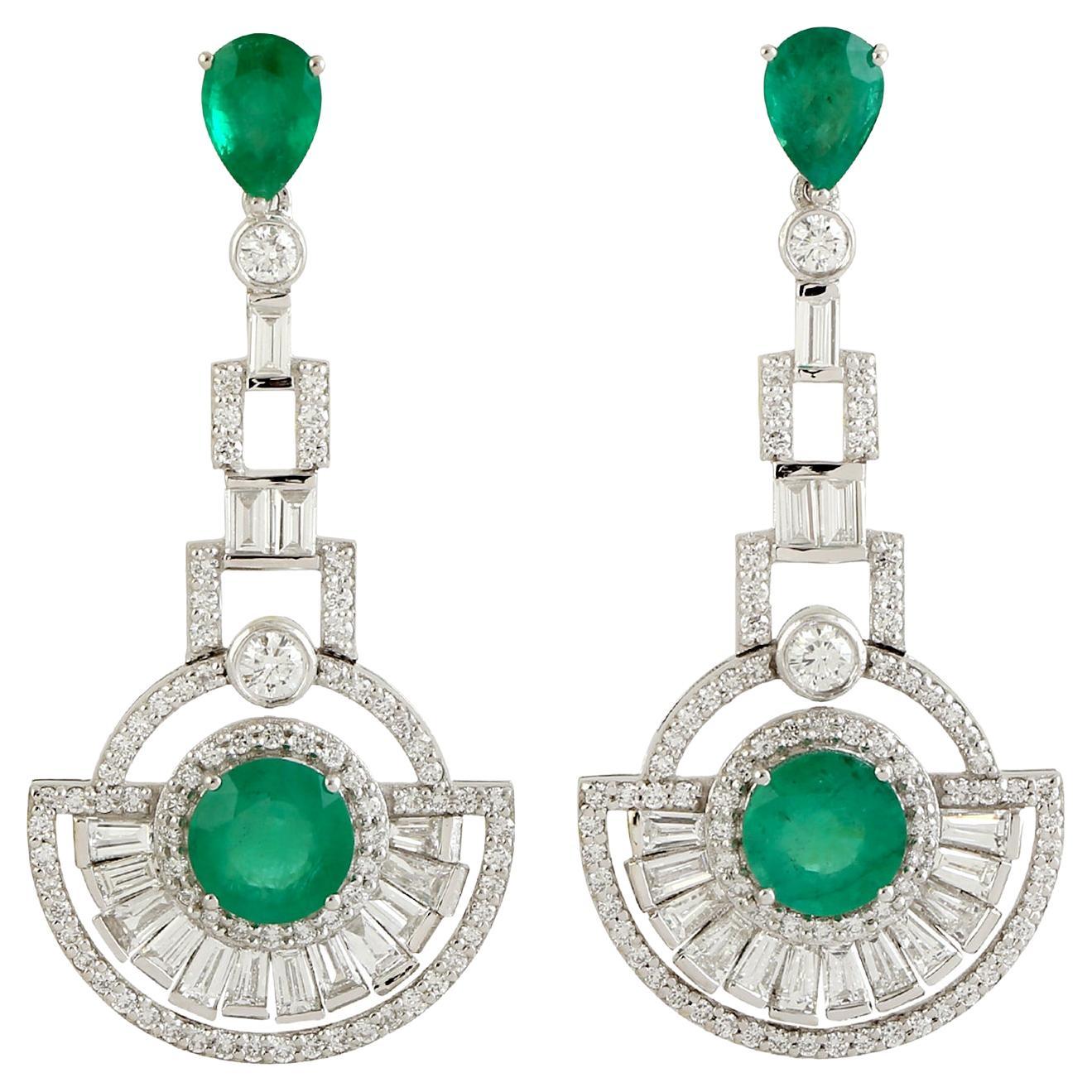 Half Circle Dangle Earrings With Emerald & Diamonds Made In 18k White Gold