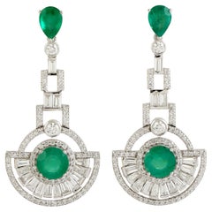 Half Circle Dangle Earrings With Emerald & Diamonds Made In 18k White Gold