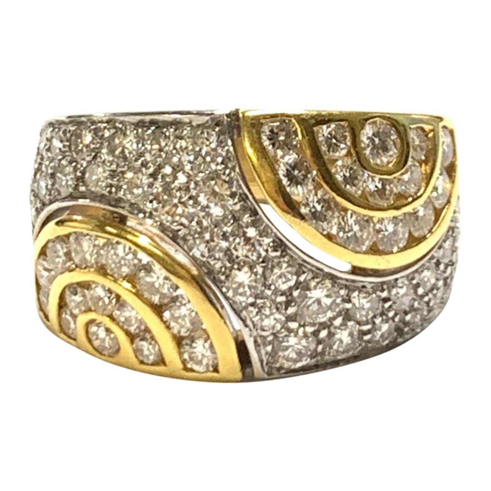Half Circle Diamond Design Ring Two Tone 18K Gold For Sale