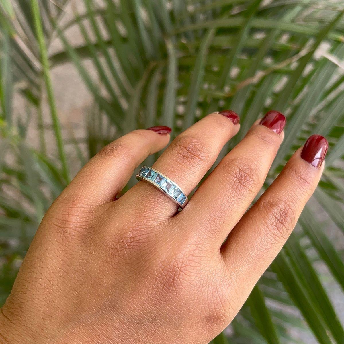 For Sale:  Half Eternity 3.13 Ct Square Cut Blue Topaz Band for Birthday Gift in Silver 6