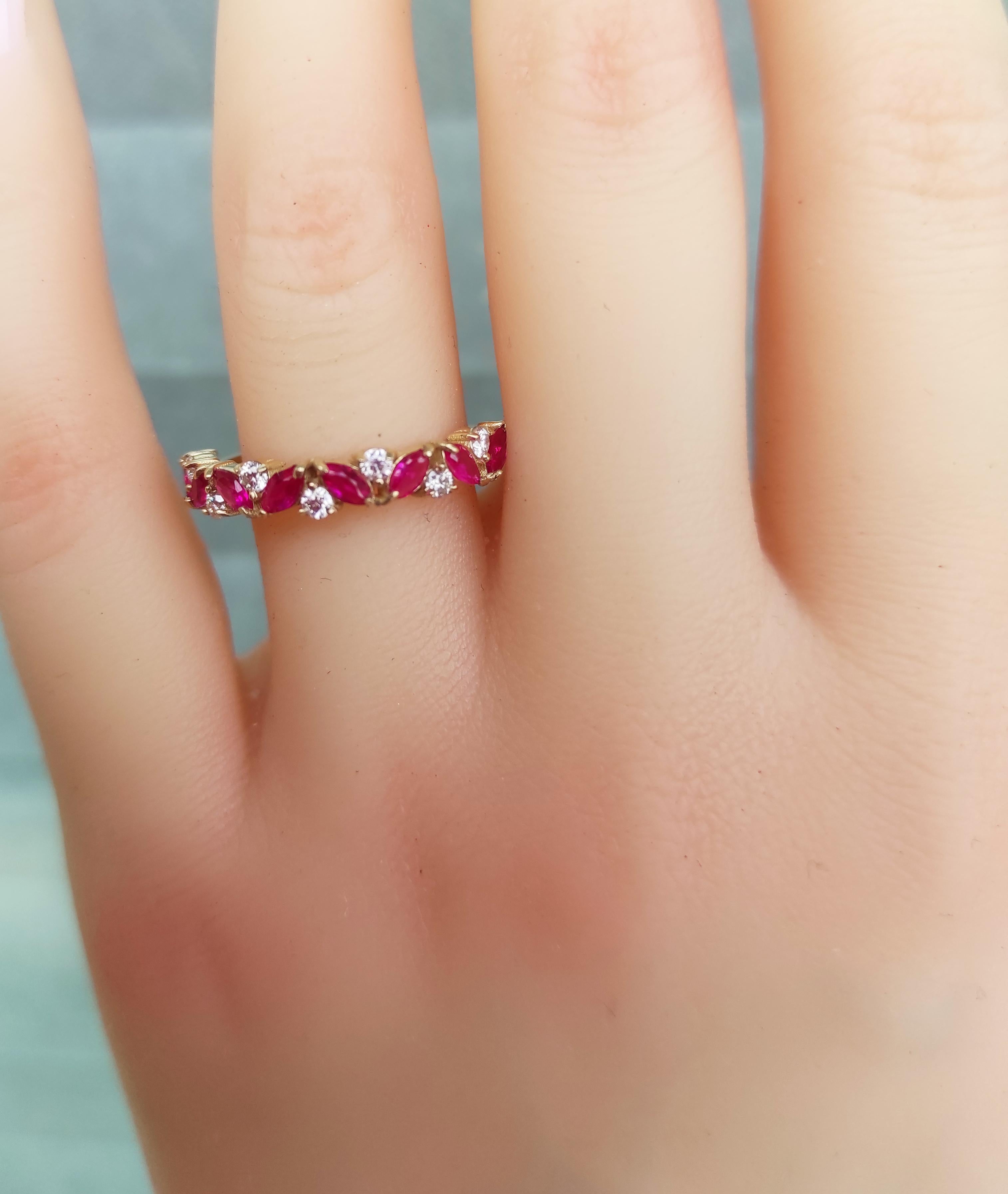 Lab ruby Marquise and Round Moissanite Wedding Band. Half eternity marquise 14k gold ring. Lab red ruby, moissanite wedding ring. Delicate ruby semi eternity ring. Vintage Delicate Marquise wedding band. Bridal Matching Stackable band.

Metal: 14k