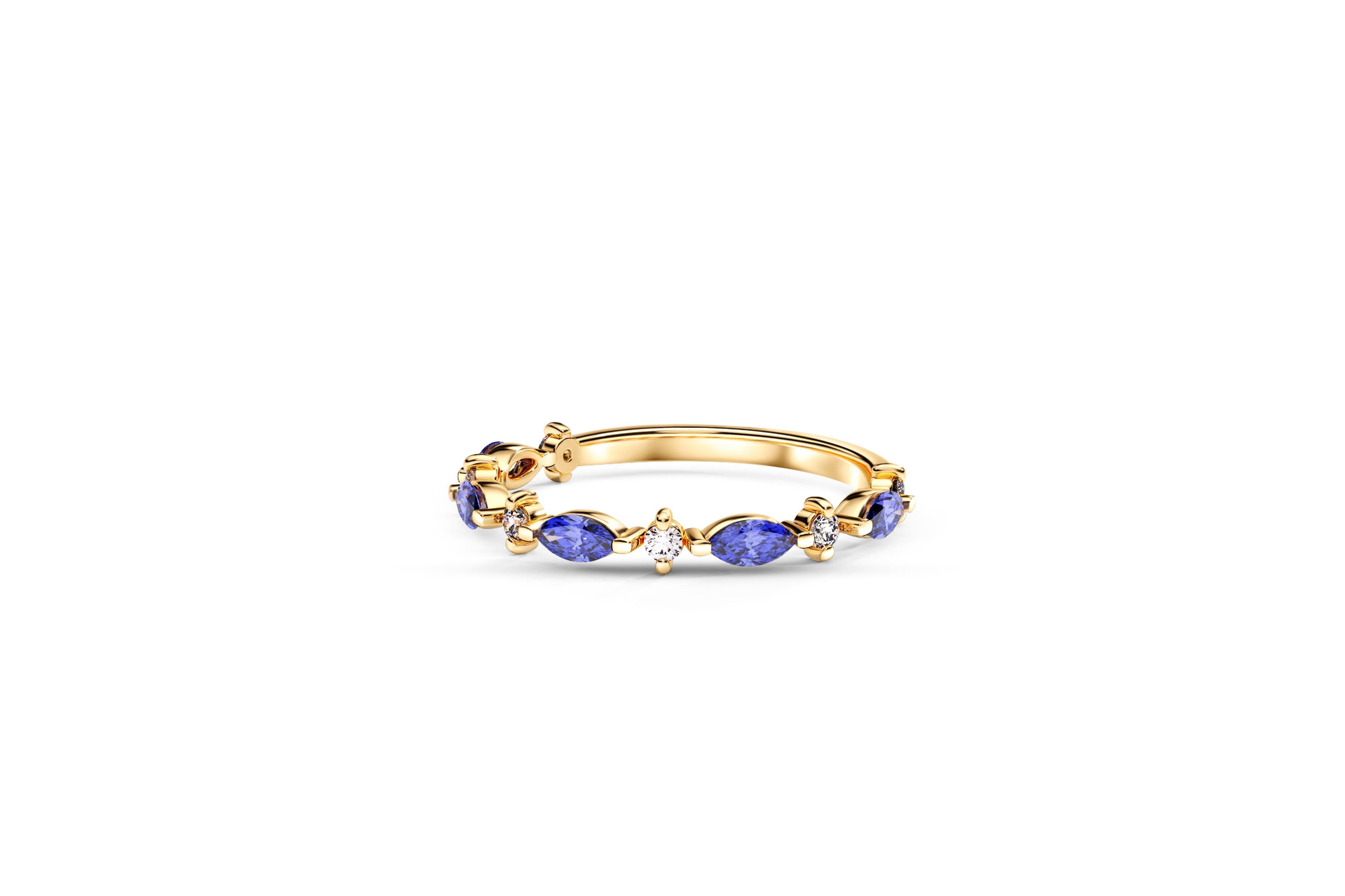 Half eternity marquise 14k gold ring. Lab blue sapphire, moissanite wedding ring. Delicate sapphire semi eternity ring. Vintage style moissanite 14k gold ring. 

Metal: 14k gold
Weight: 1.8 g. Depends from size
Gemstone:
Lab sapphire: blue color,