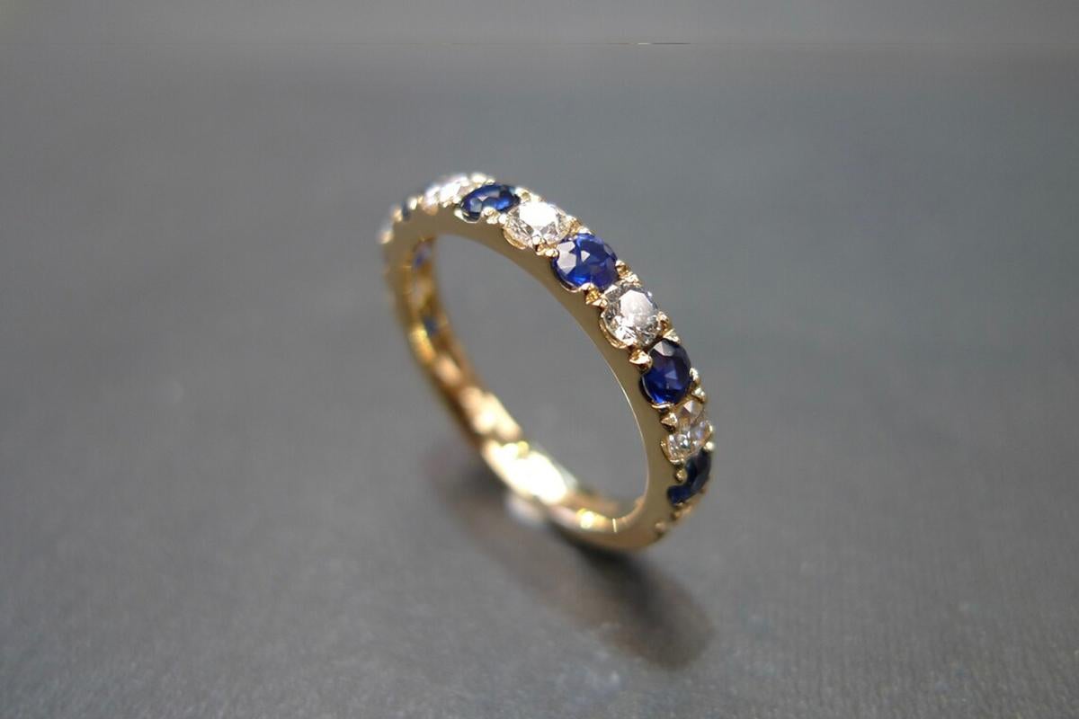 For Sale:  Half Eternity Pavé Blue Sapphire and Diamond Wedding Band Ring in Yellow Gold 2