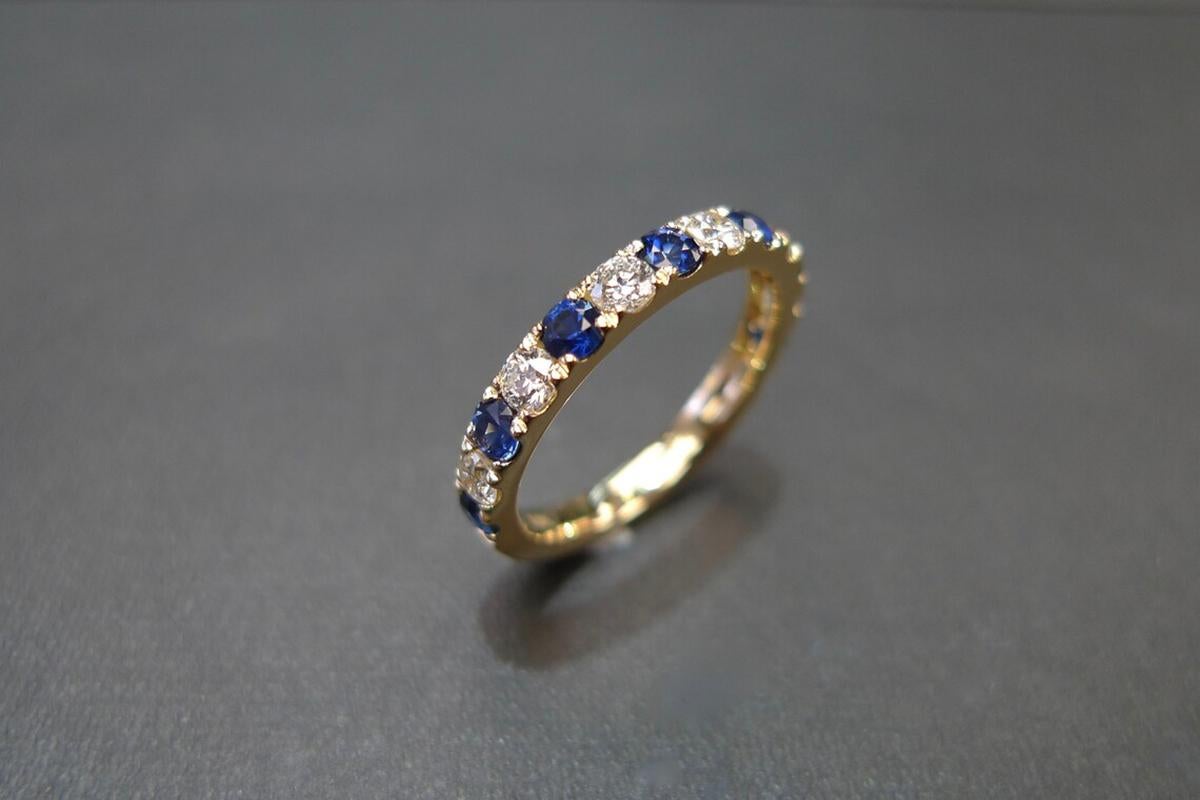 For Sale:  Half Eternity Pavé Blue Sapphire and Diamond Wedding Band Ring in Yellow Gold 4