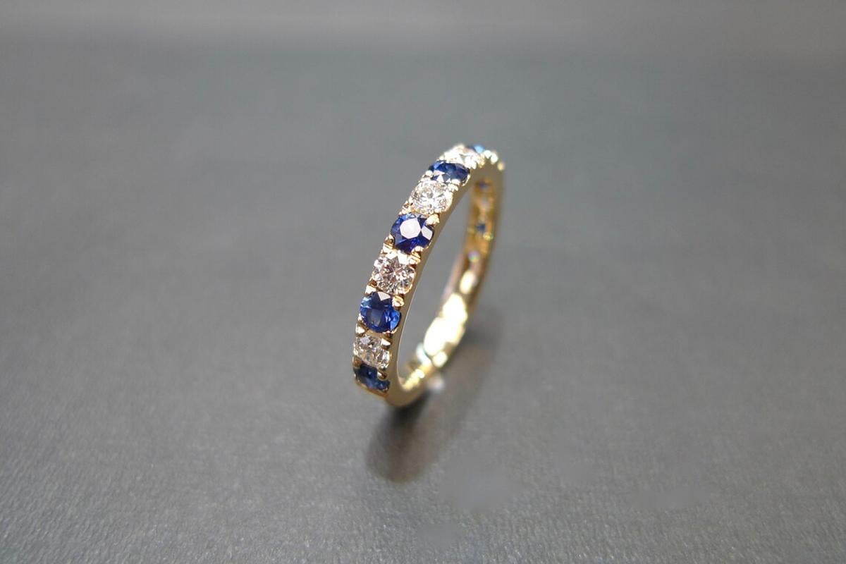 For Sale:  Half Eternity Pavé Blue Sapphire and Diamond Wedding Band Ring in Yellow Gold 5