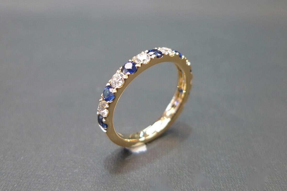 For Sale:  Half Eternity Pavé Blue Sapphire and Diamond Wedding Band Ring in Yellow Gold 6