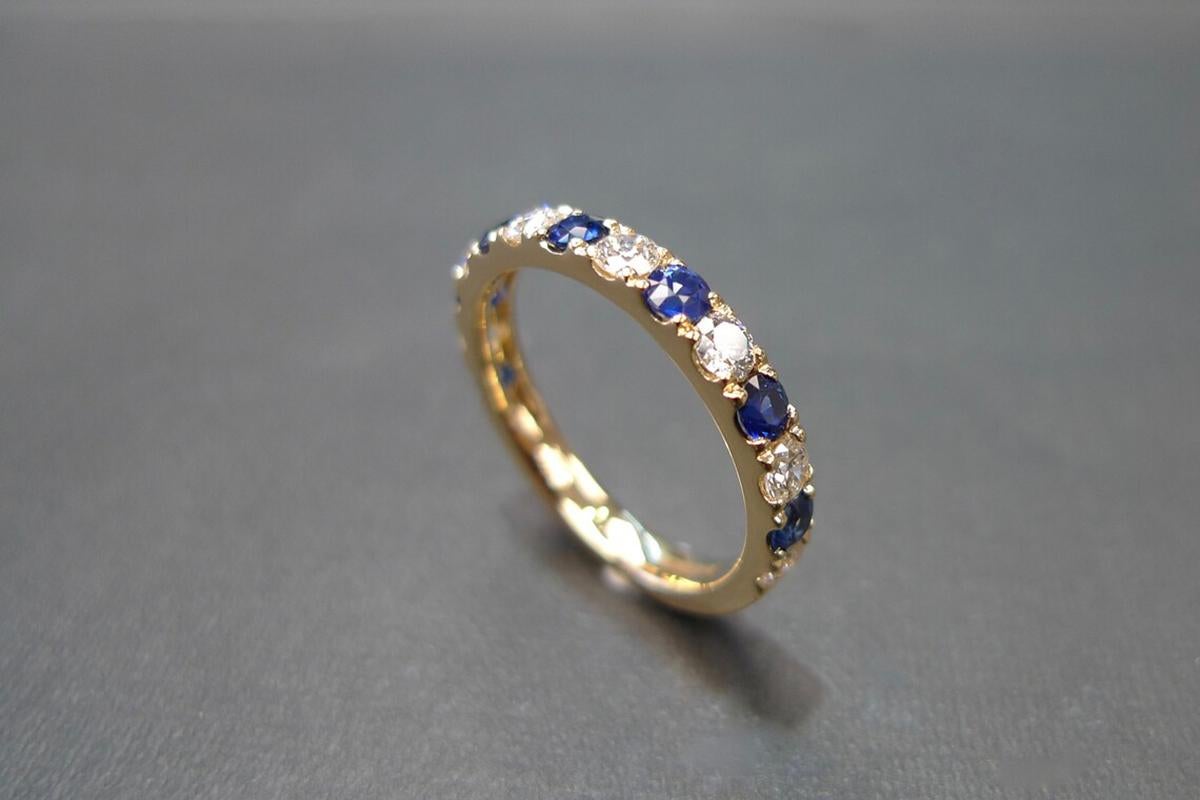 For Sale:  Half Eternity Pavé Blue Sapphire and Diamond Wedding Band Ring in Yellow Gold 7
