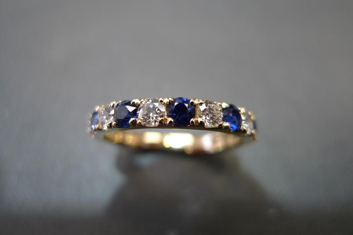 For Sale:  Half Eternity Pavé Blue Sapphire and Diamond Wedding Band Ring in Yellow Gold 8