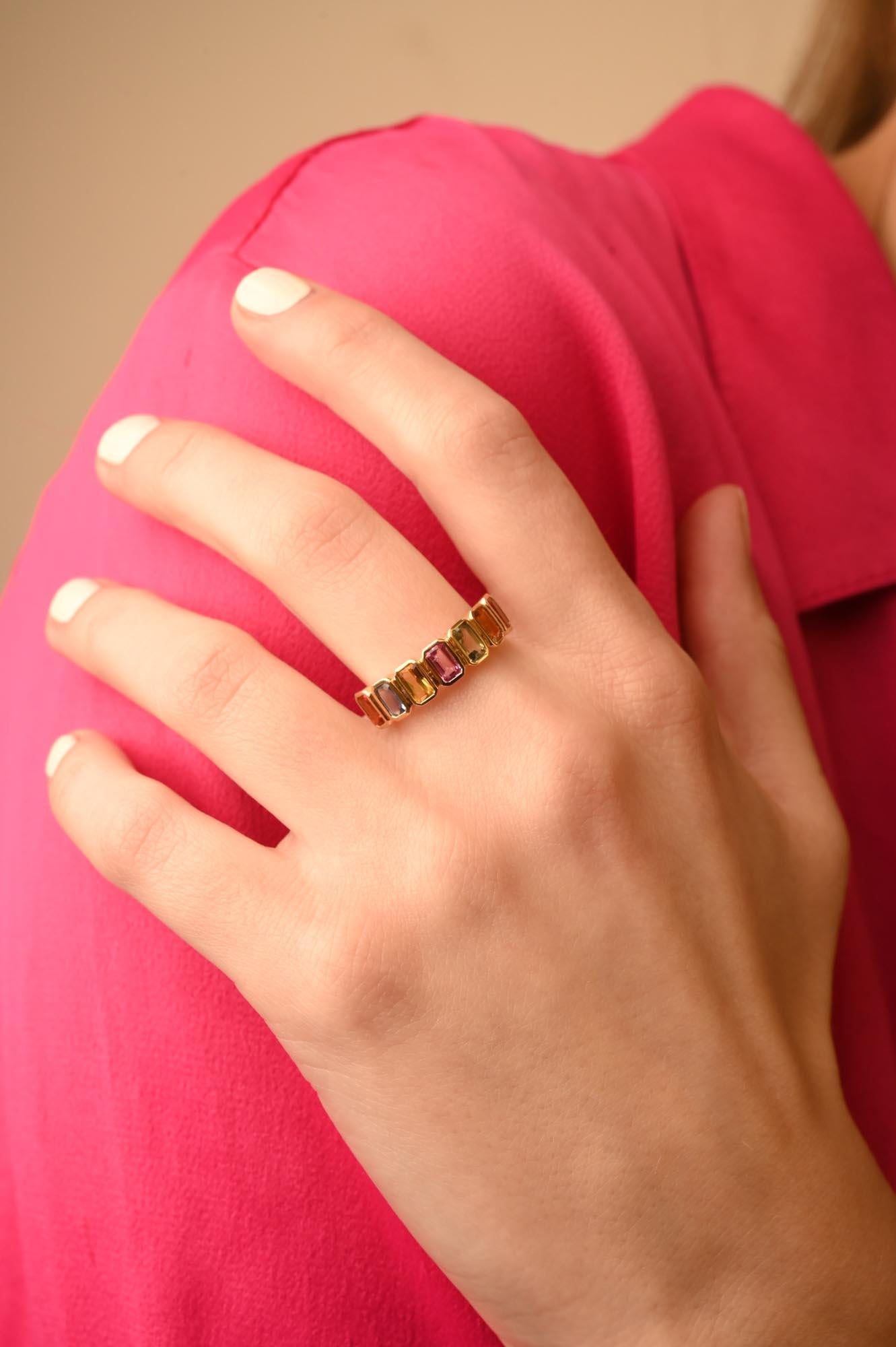 For Sale:  Half Eternity Ring with Octagon Cut Multi Sapphire Mounted in 14K Yellow Gold 10