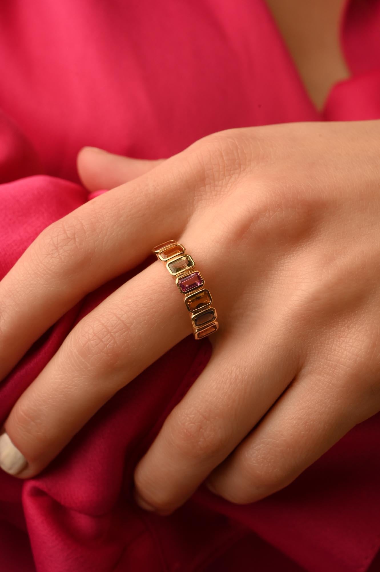For Sale:  Half Eternity Ring with Octagon Cut Multi Sapphire Mounted in 14K Yellow Gold 11