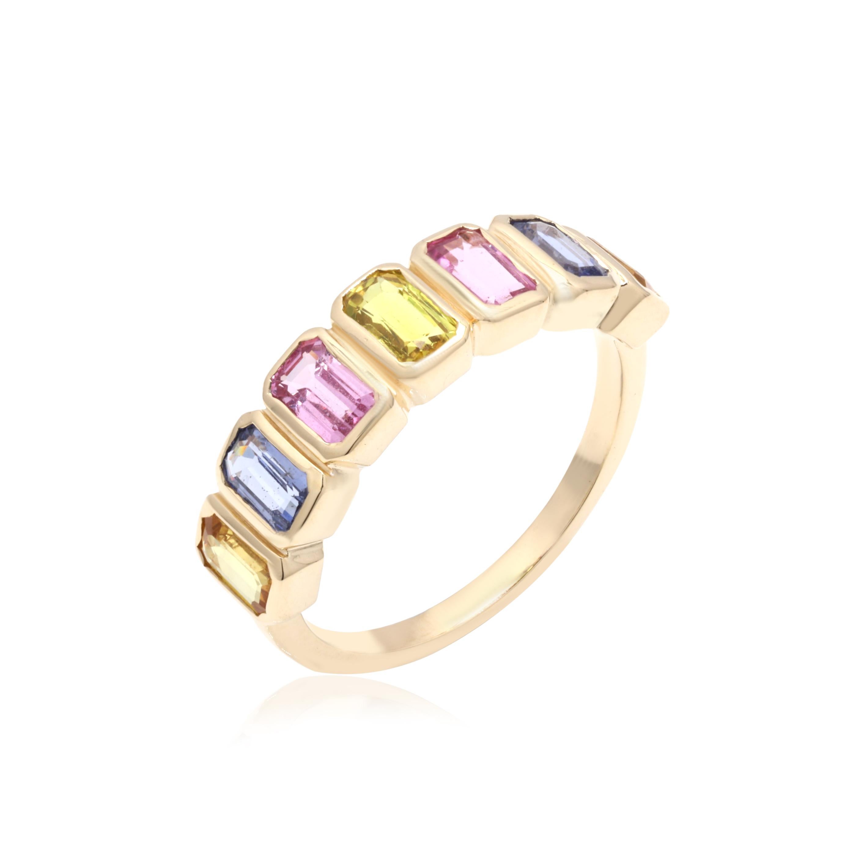 For Sale:  Half Eternity Ring with Octagon Cut Multi Sapphire Mounted in 14K Yellow Gold 7