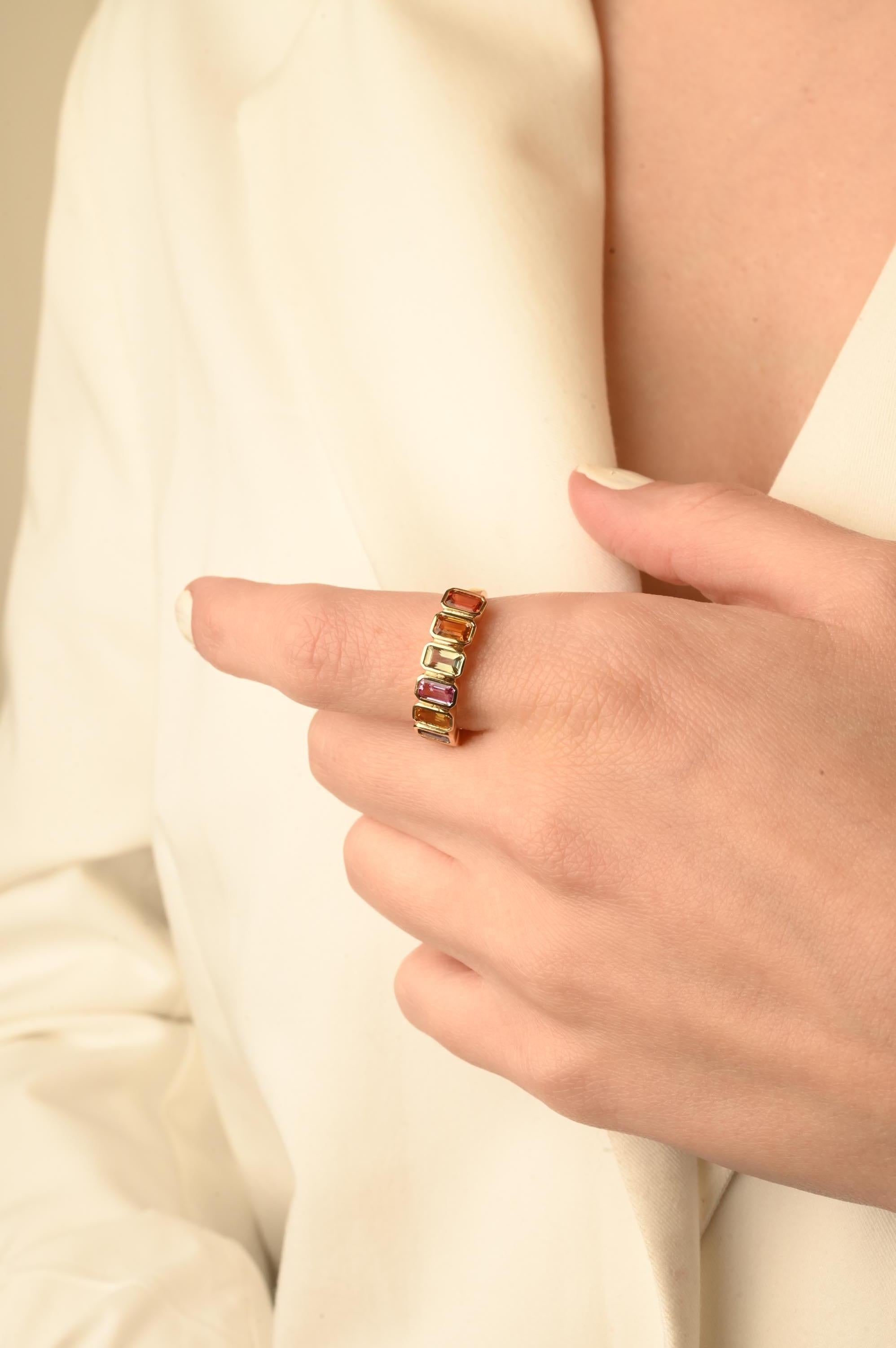 For Sale:  Half Eternity Ring with Octagon Cut Multi Sapphire Mounted in 14K Yellow Gold 8