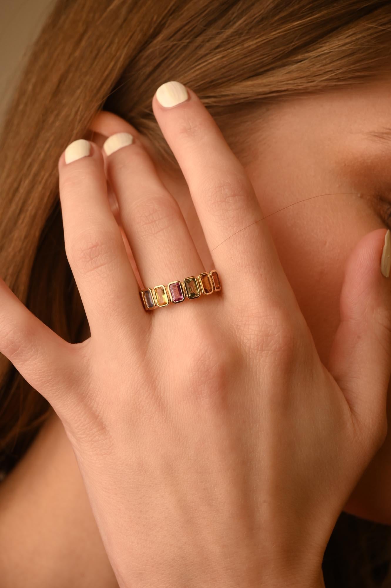For Sale:  Half Eternity Ring with Octagon Cut Multi Sapphire Mounted in 14K Yellow Gold 9