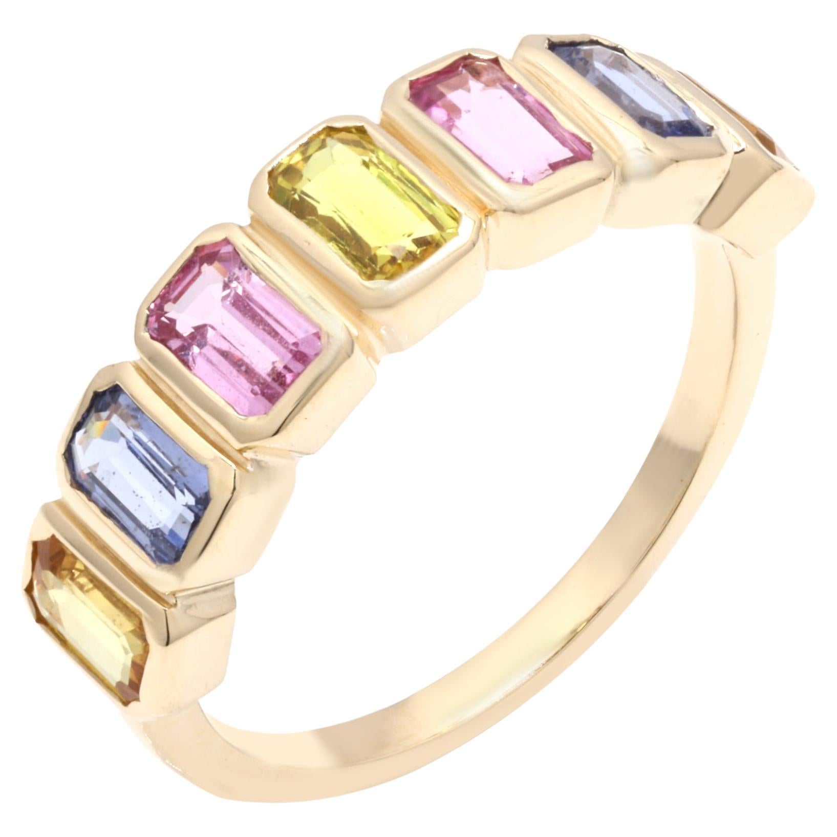 For Sale:  Half Eternity Ring with Octagon Cut Multi Sapphire Mounted in 14K Yellow Gold