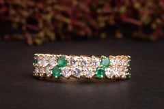 Half Eternity Vintage Diamond and Emerald 18k Gold Ring