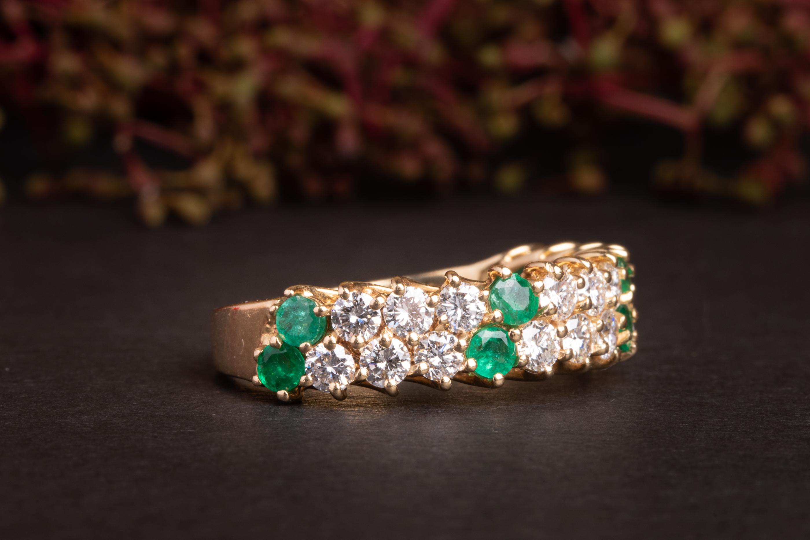 Modern Half Eternity Vintage Diamond and Emerald 18k Gold Ring For Sale