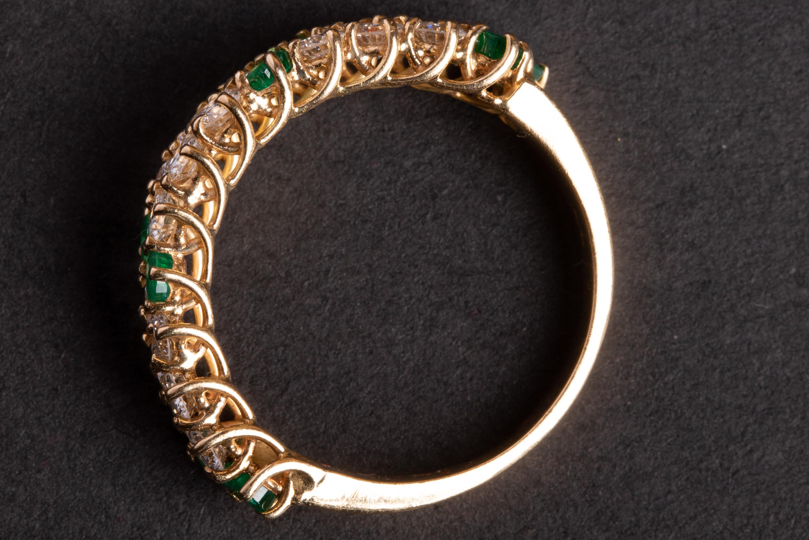 Women's Half Eternity Vintage Diamond and Emerald 18k Gold Ring For Sale