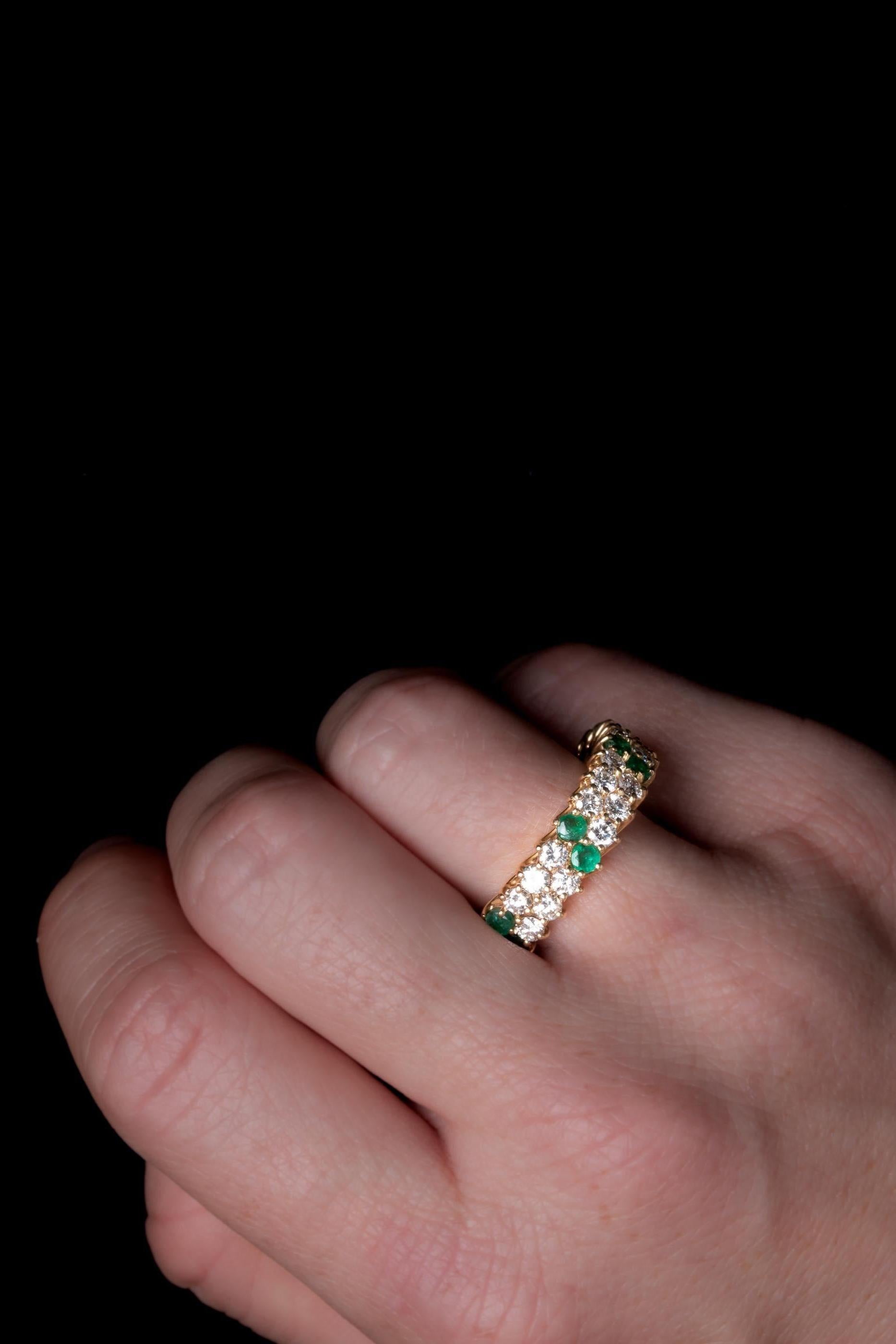 Half Eternity Vintage Diamond and Emerald 18k Gold Ring For Sale 1