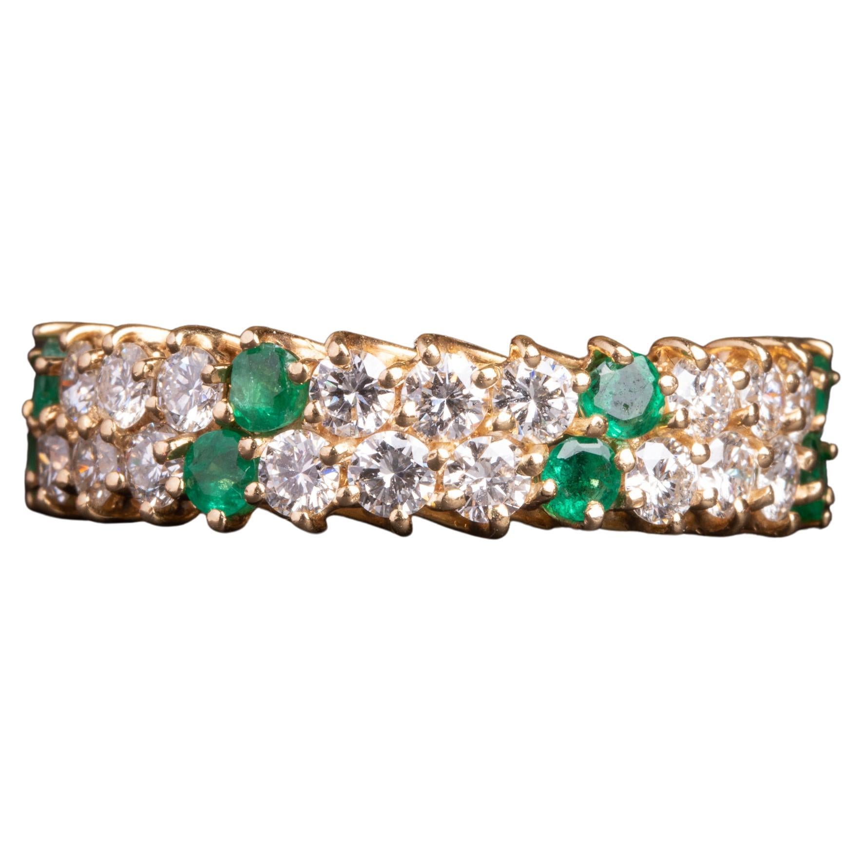 Half Eternity Vintage Diamond and Emerald 18k Gold Ring For Sale