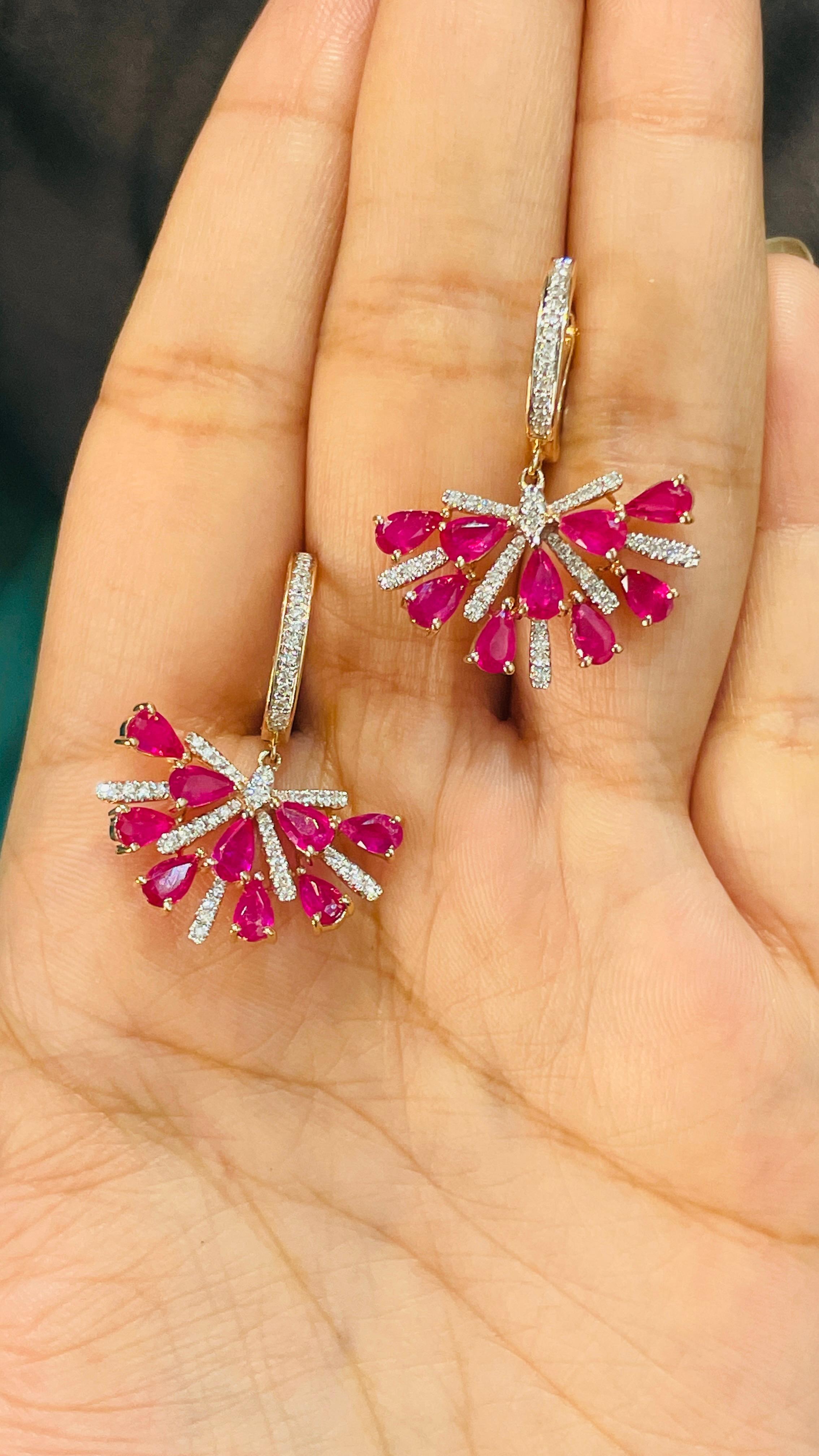 Art Deco Half Floral Ruby and Diamond Drop Earrings with English Lock in 14K Rose Gold  For Sale