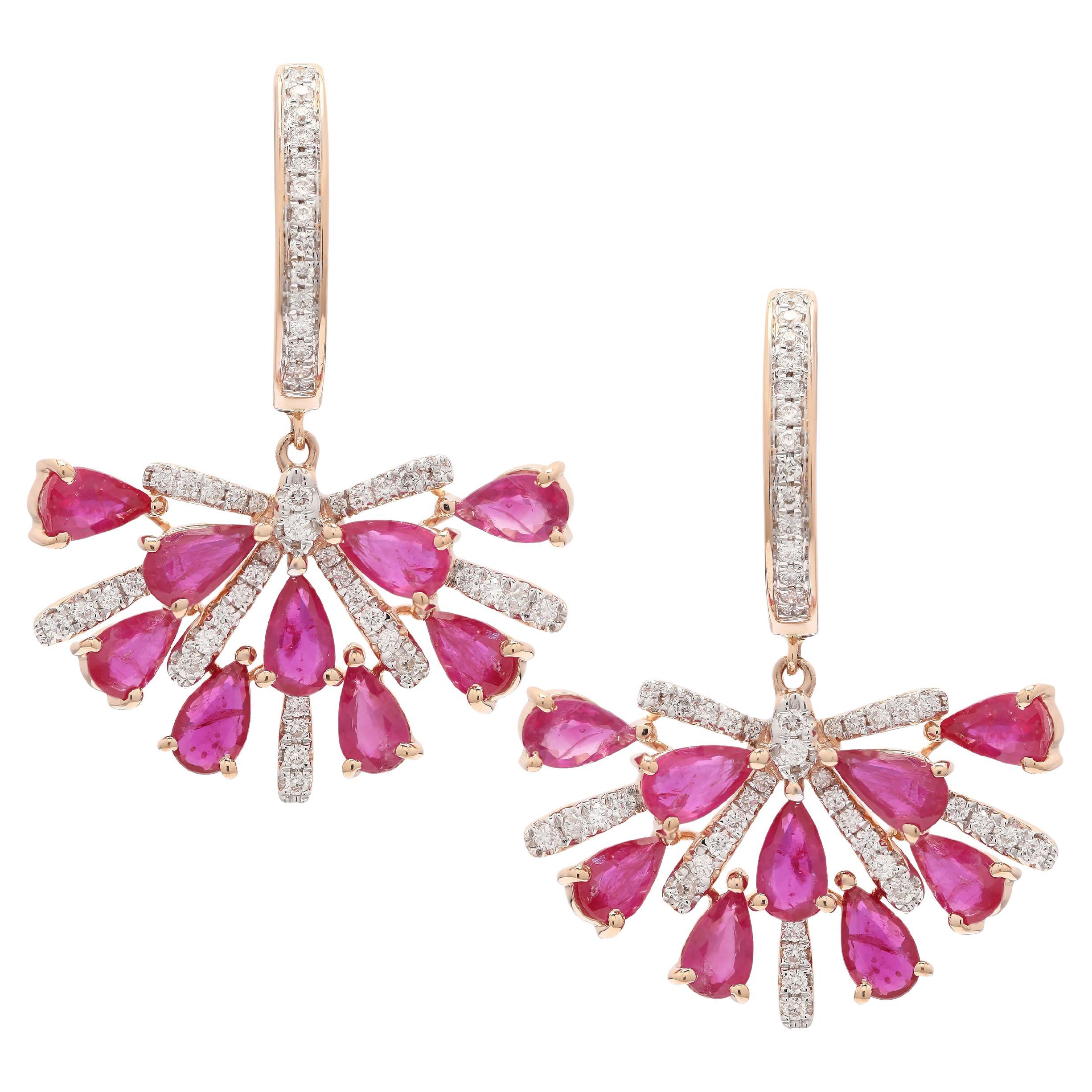 Half Floral Ruby and Diamond Drop Earrings with English Lock in 14K Rose Gold  For Sale