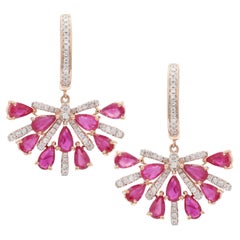 Half Floral Ruby and Diamond Drop Earrings with English Lock in 14K Rose Gold