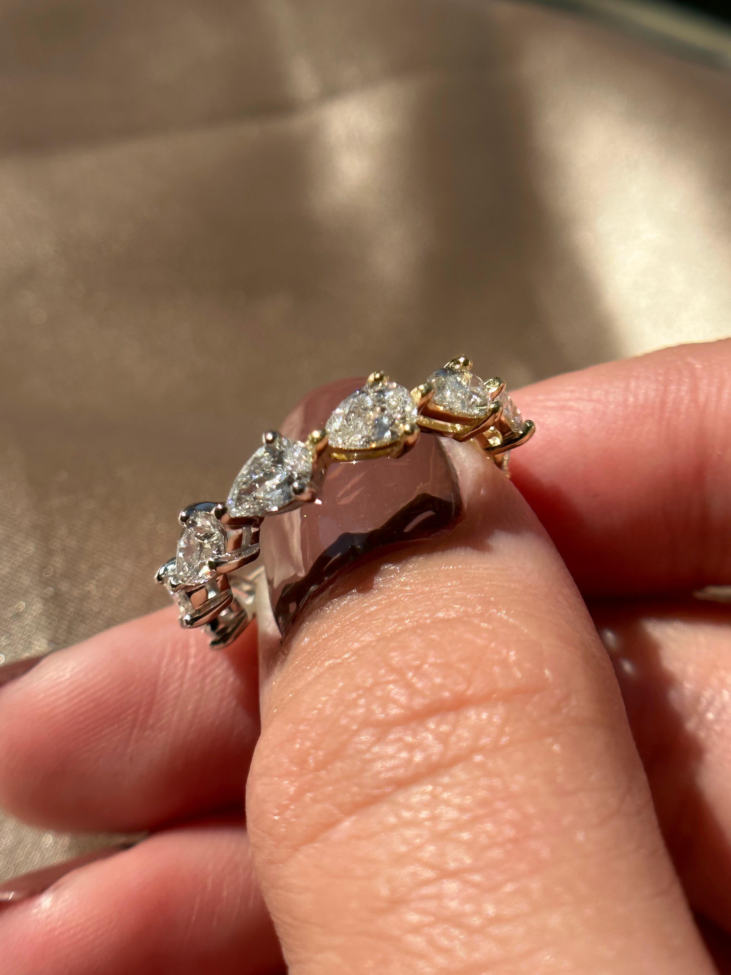 Modern Half & Half 18K White-Yellow-Gold East-West Pear-Shape Diamond Eternity Ring For Sale
