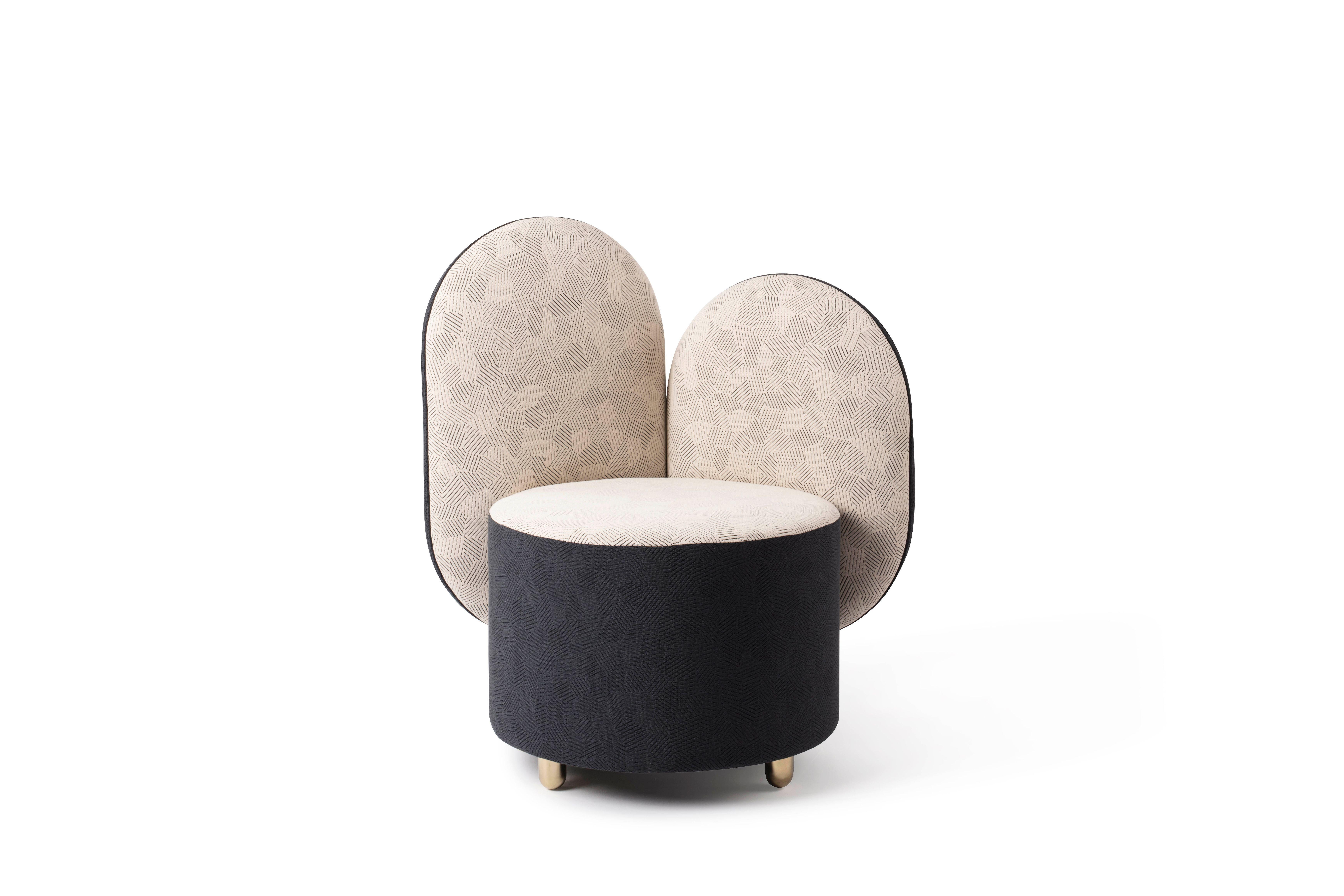 Half half designed by Thomas Dariel, Maison Dada
Measures: W 83 x D 66 x H 90cm
Structure in solid timber and plywood • Memory foam
Base and seating fully upholstered in fabric
Feet in plated metal • glossy Champagne color finish
Recommended fabric