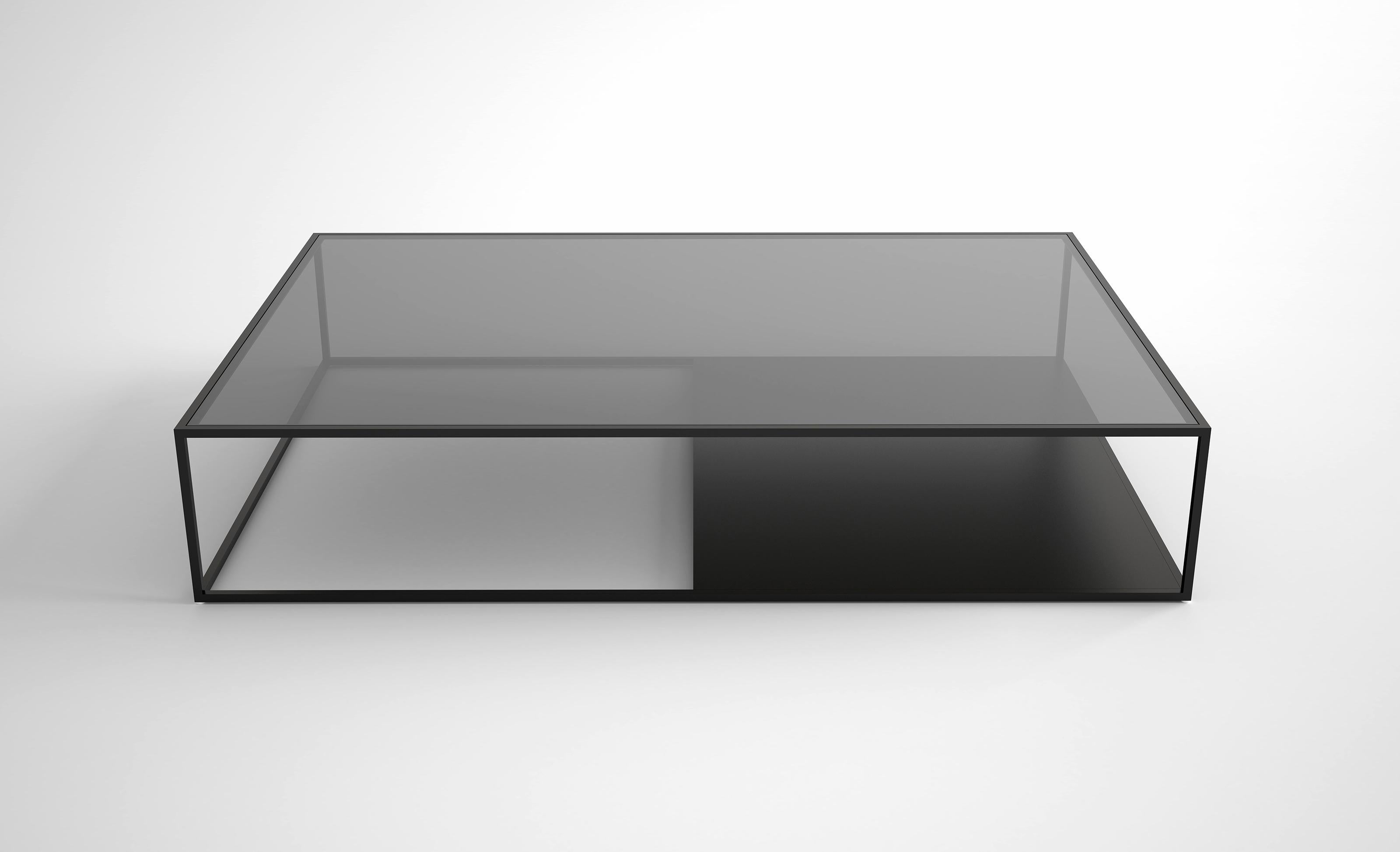 Half & Half Version A Coffee Table by Phase Design
Dimensions: D 96.5 x W 142.2 x H 26.7 cm. 
Materials: Powder-coated metal and glass. 

Powder-coated square steel bar available with starphire or grey glass top. Powder coat finishes are available